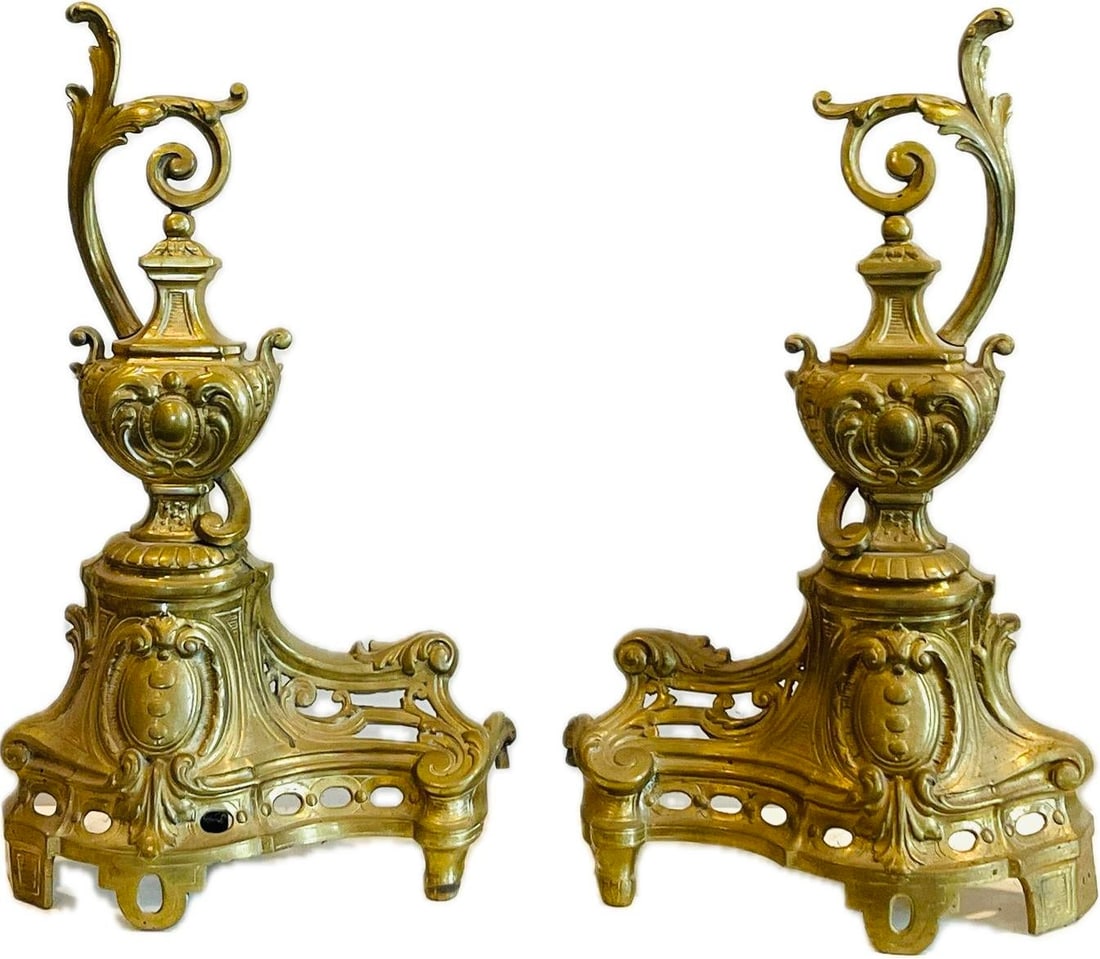 Beautiful Pair of Vintage French Baroque Brass Fireplace Andirons With Ewer Style Finial Design - 4