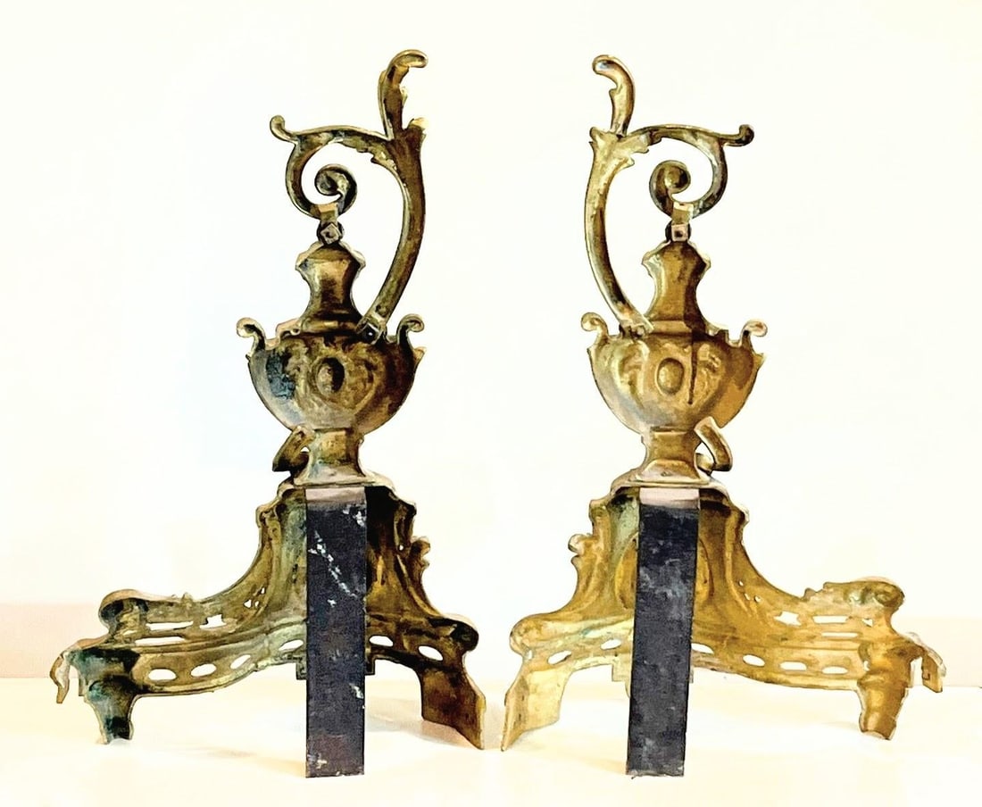 Beautiful Pair of Vintage French Baroque Brass Fireplace Andirons With Ewer Style Finial Design - 6