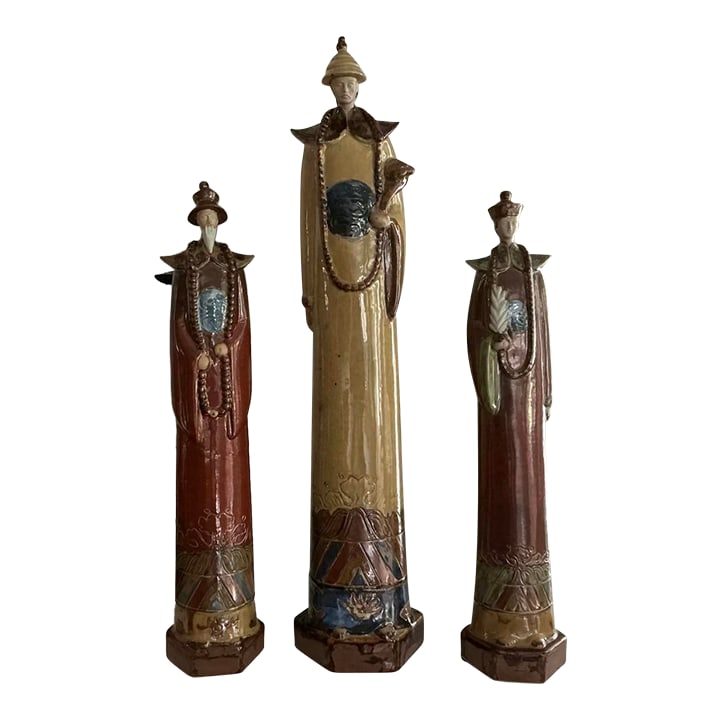 Set of Three Large Asian Pottery Statues: Three large Asian statues. The tallest one stands 31". The two shorter ones are almost 25". Use them together and make a statement! Condition: Alterations: Original Condition Unaltered Imperfections:
