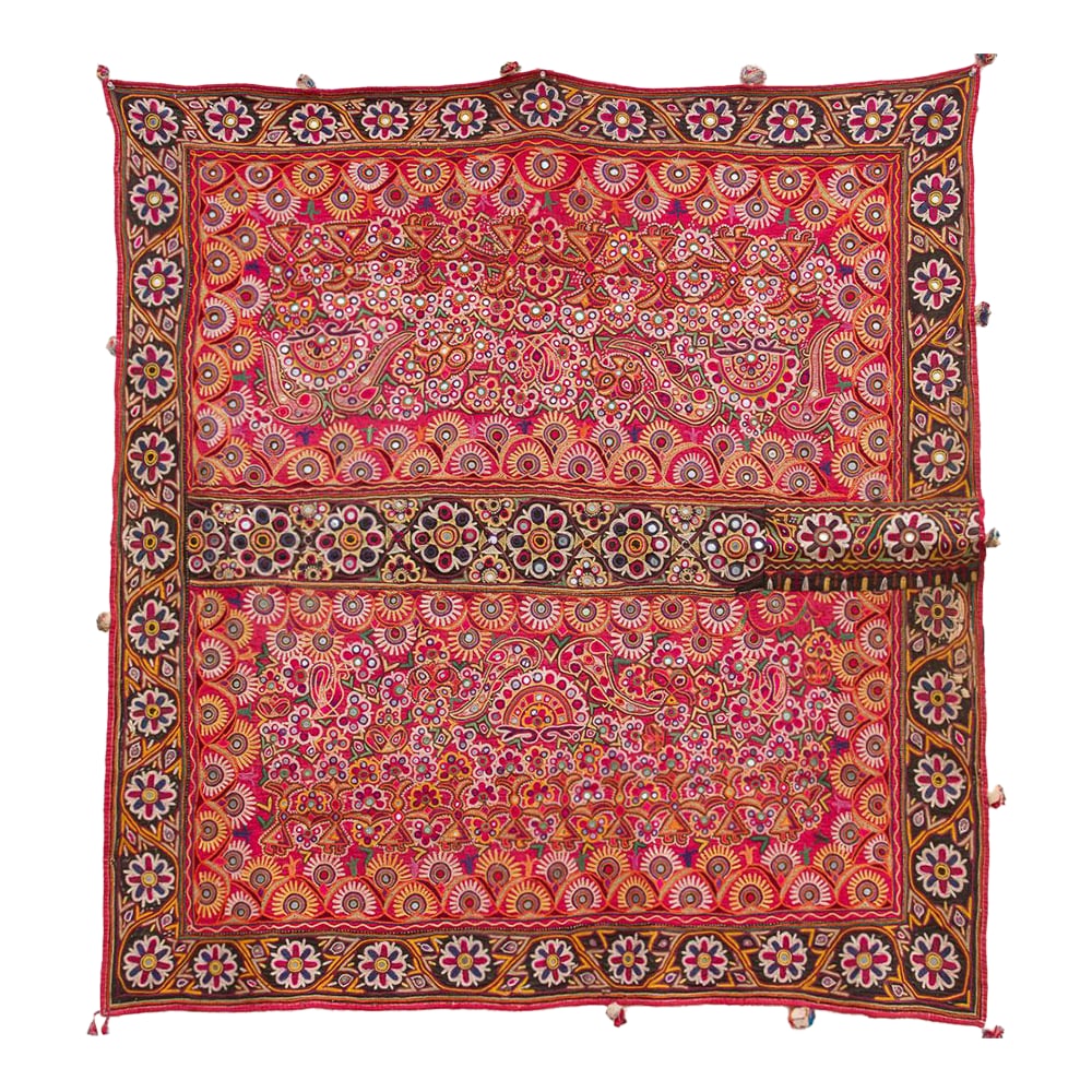 Authentic Antique Kutch Embroidered Textile: This magnificent textile is an authentic Antique Indian Tribal Embroidery, originating from the highly sought-after Kutch region"”areas renowned for their rich, detailed mirror-work. This piece