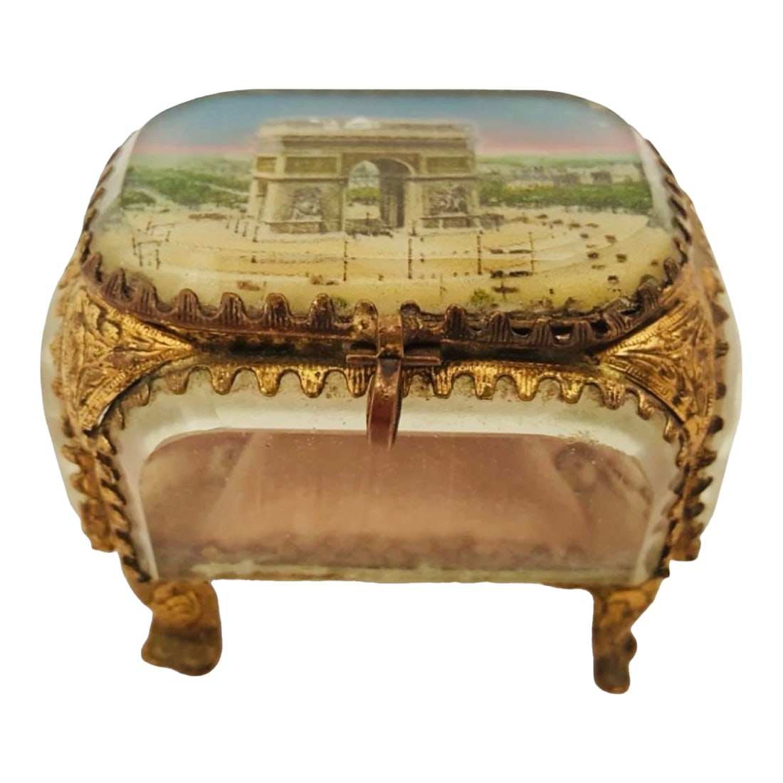 Antique Arc De Triomphe Antique French Beveled Glass Jewelry Box Souvenir Casket, Paris, C. 1900: A Belle Époque jewel box crowned with the Arc de Triomphe. A luminous antique French glass jewel casket featuring a hand-tinted Belle Époque view of the Arc de Triomphe. Made around 1900,