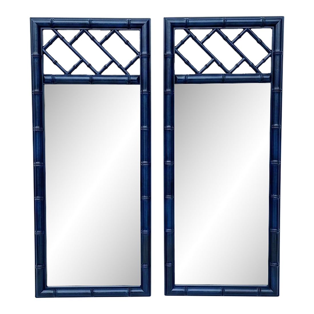 1970's Palm Beach Regency Bespoke Blue Lapis Faux Bamboo Wall Mirrors -Newly Painted - A Pair: Turtle and Crane proudly presents a truly exceptional pair of mirrors that transcend mere reflection, becoming the focal point of any discerning interior. Meticulously curated and painstakingly