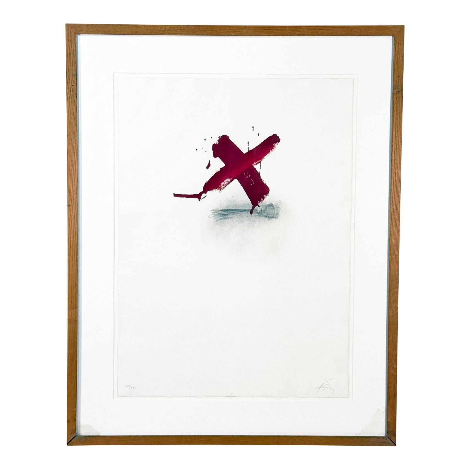 Antoni Tapies Limited Edition Abstract Etching Red "X" Gesture Print, Pencil Signed & Framed (#1: A striking signed limited edition etching by renowned Catalan artist Antoni TÃ pies, featuring his iconic gestural red "X" over subtle tonal grounding. Numbered XIV/XXV (#14 of 25), this