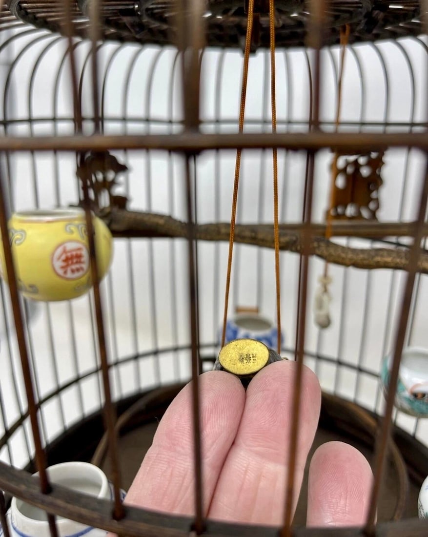 19th C Chinese Bamboo Birdcage Fully Ornamented, Hand Carved Dragon Perch. - 10
