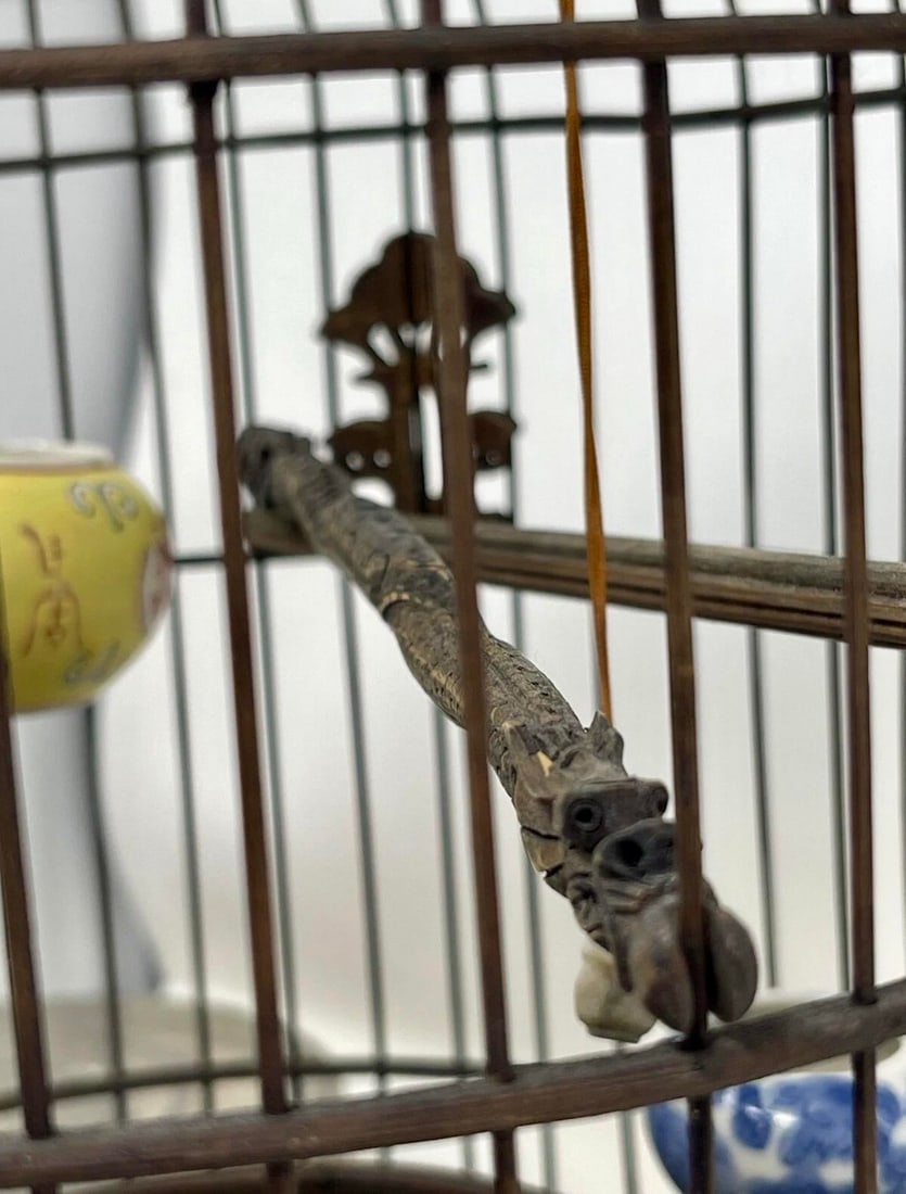 19th C Chinese Bamboo Birdcage Fully Ornamented, Hand Carved Dragon Perch. - 3