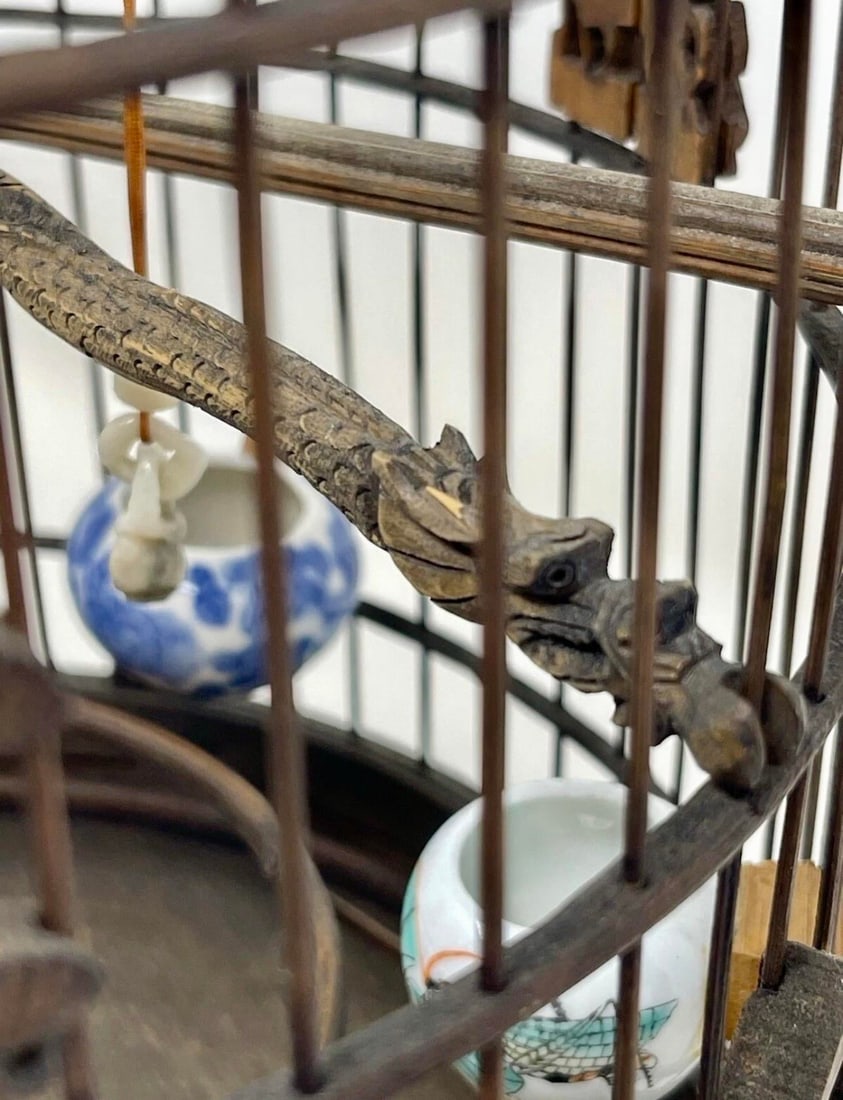 19th C Chinese Bamboo Birdcage Fully Ornamented, Hand Carved Dragon Perch. - 5