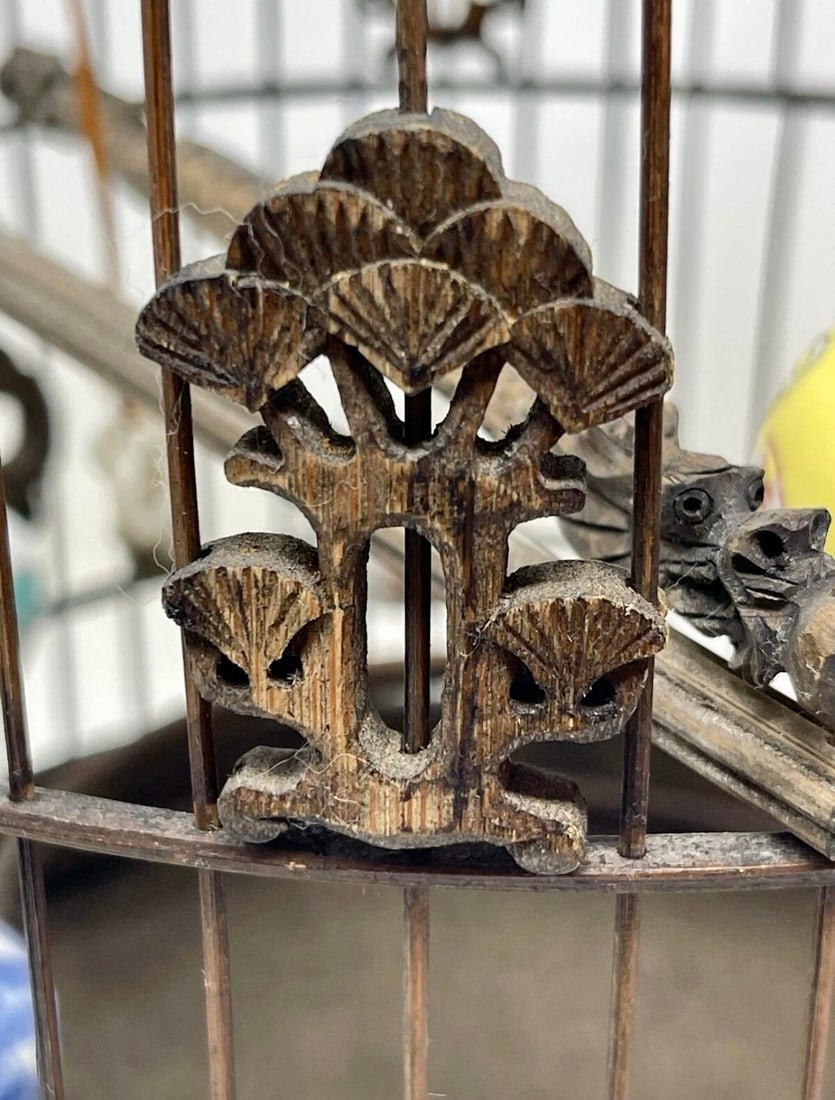 19th C Chinese Bamboo Birdcage Fully Ornamented, Hand Carved Dragon Perch. - 6