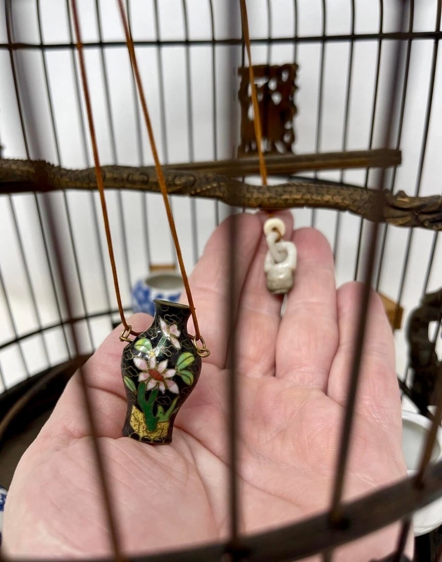 19th C Chinese Bamboo Birdcage Fully Ornamented, Hand Carved Dragon Perch. - 8