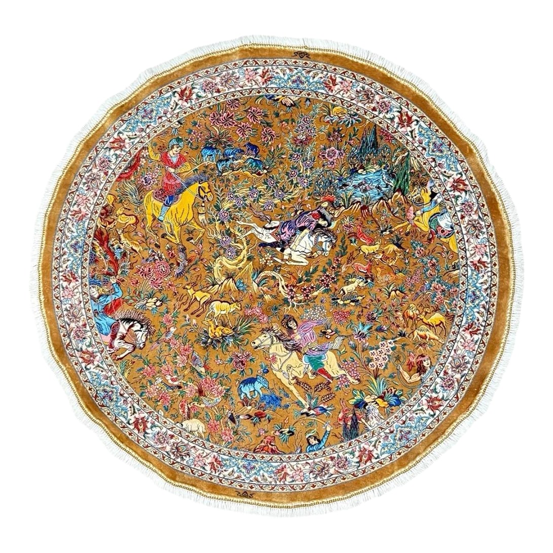 Exquisite Silk Round Rug With Imperial Hunting Scene Carpet: Exquisite Qum Silk Round Rug with Imperial Hunting Scene, 20th Century "” 100% Hand-Knotted Silk An exceptional and rare circular Qum silk rug, intricately hand-knotted with extraordinary