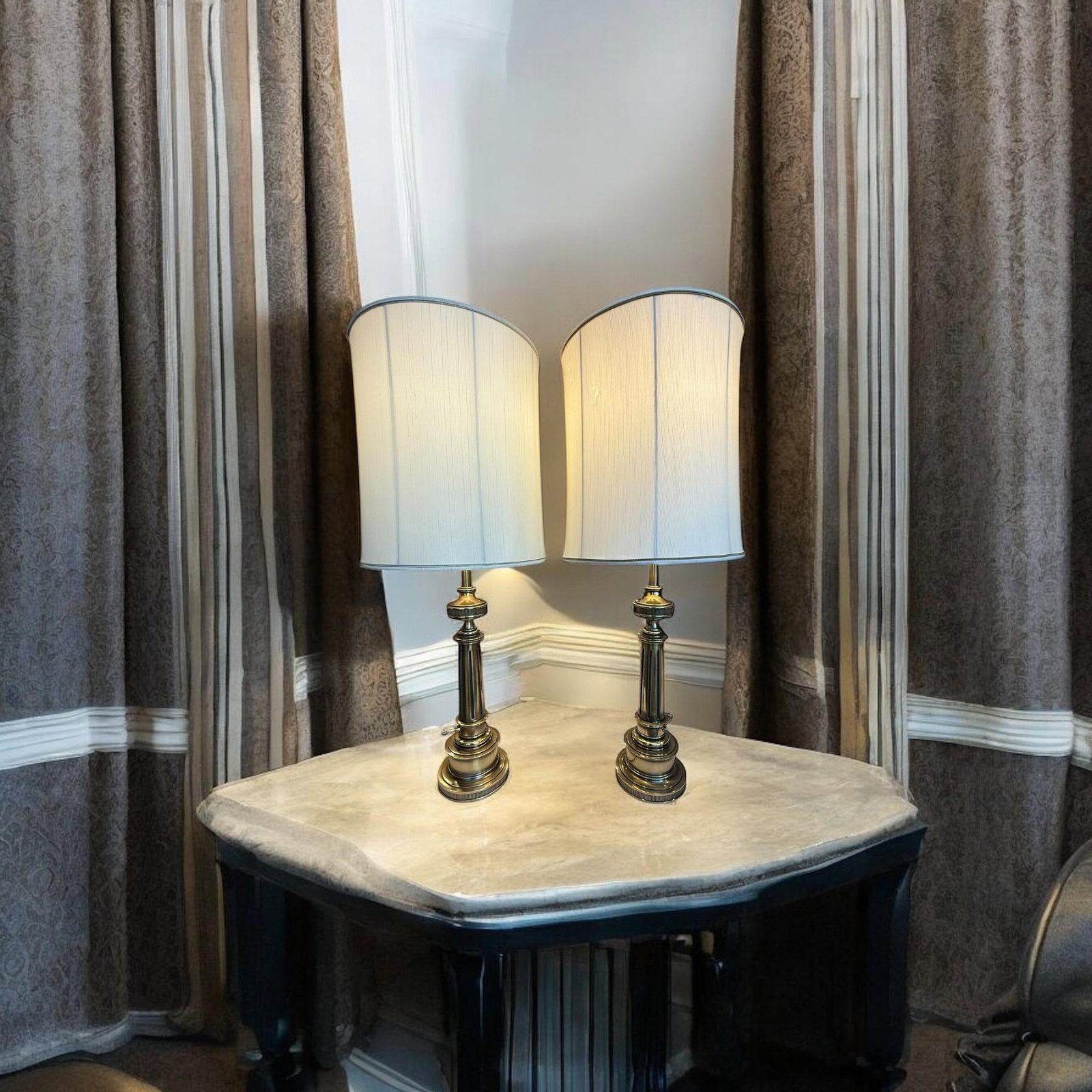 Stiffel Solid Brass Table Lamps With Original Shades 1950s - A Pair - 16