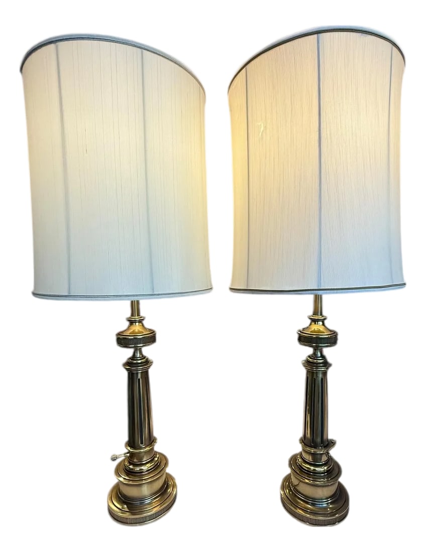 Stiffel Solid Brass Table Lamps With Original Shades 1950s - A Pair: Vintage Mid Century Modern Brass Stiffel Lamps with Original Silk Shades - a Pair Solid. Heavy. All original hardware with Stiffel markings on the socket and the shade hardware. Original silk Stiffel