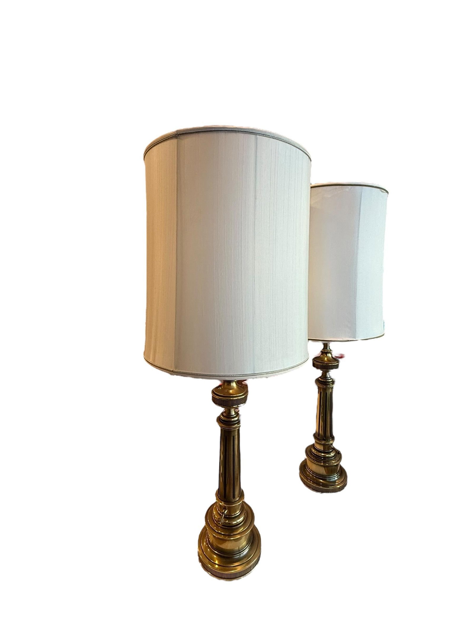 Stiffel Solid Brass Table Lamps With Original Shades 1950s - A Pair - 8
