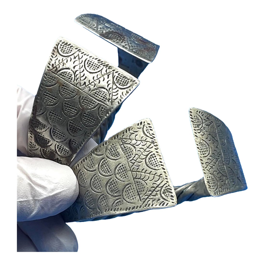 1990s Hmong Hill Tribe Silver Etched Bangle Cuff Bracelet Set, Vintage: Hmong Hill / Yao People Tribal Silver Cuff Bracelets. Unique set. Unisex. Beautiful patina on these vintage engraved bracelets, twisted backs make them perfect for anyone. Size and opening is also eas