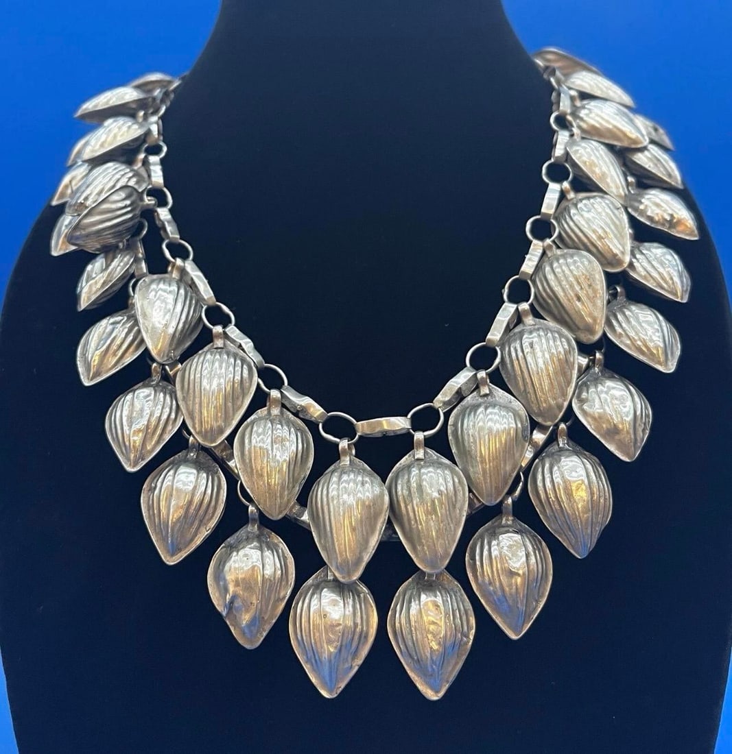 Antique Turkmen Yemeni Silver Leaf Double Chain Necklace - 3