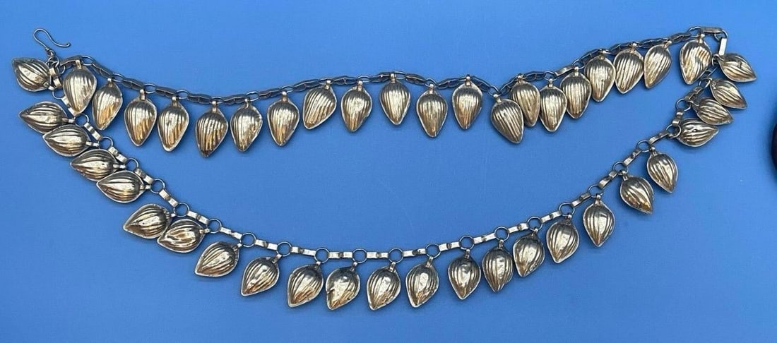 Antique Turkmen Yemeni Silver Leaf Double Chain Necklace - 7