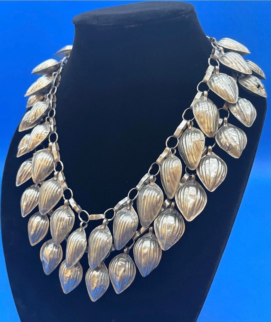 Antique Turkmen Yemeni Silver Leaf Double Chain Necklace - 9