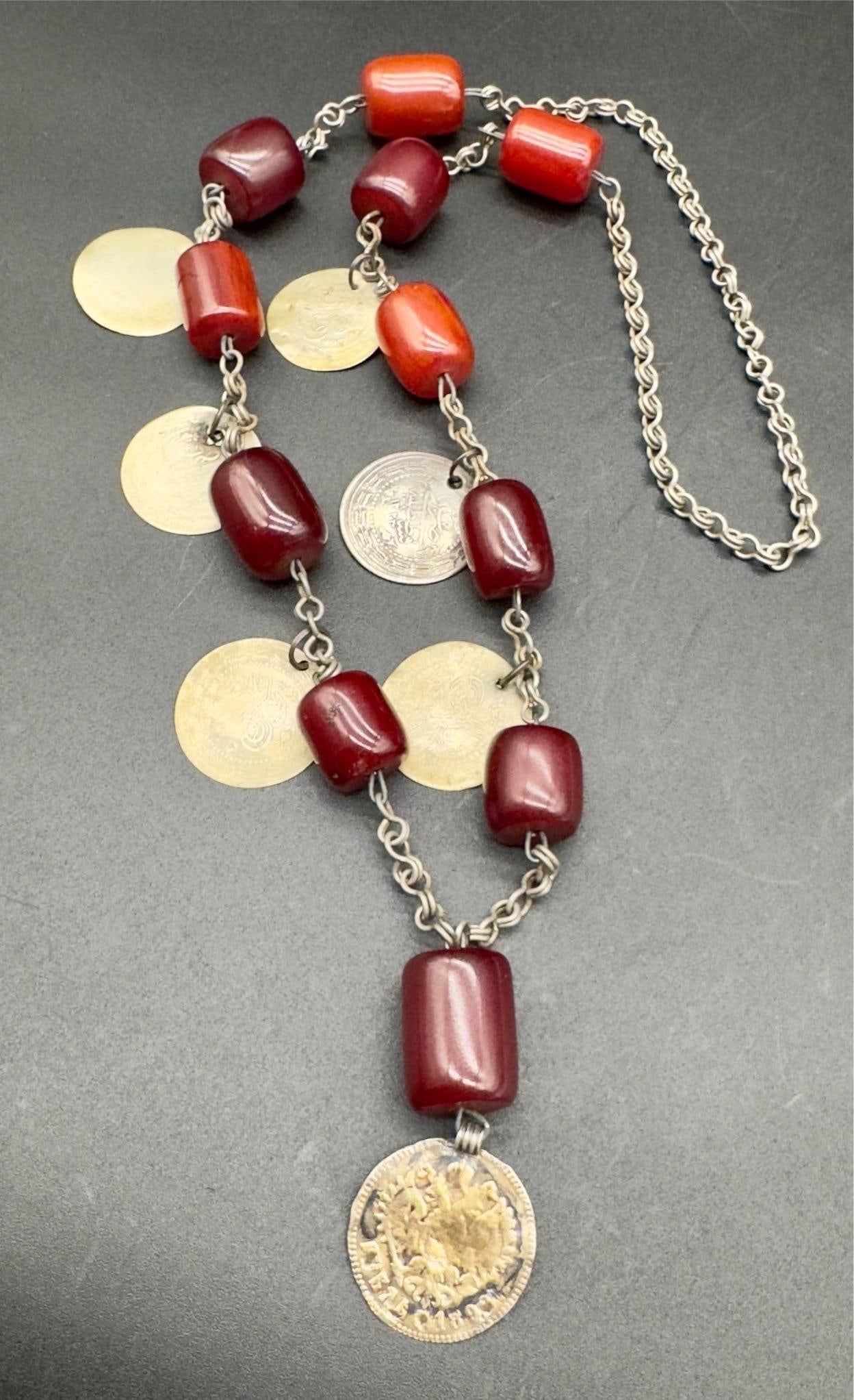 Antique Turkish Faturan Cherry Bakelite Coin Charm Necklace - 12