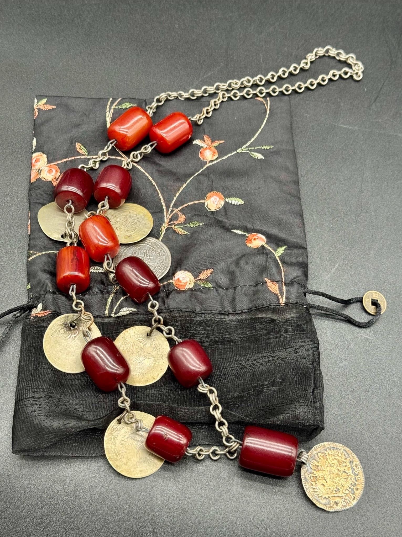 Antique Turkish Faturan Cherry Bakelite Coin Charm Necklace - 14