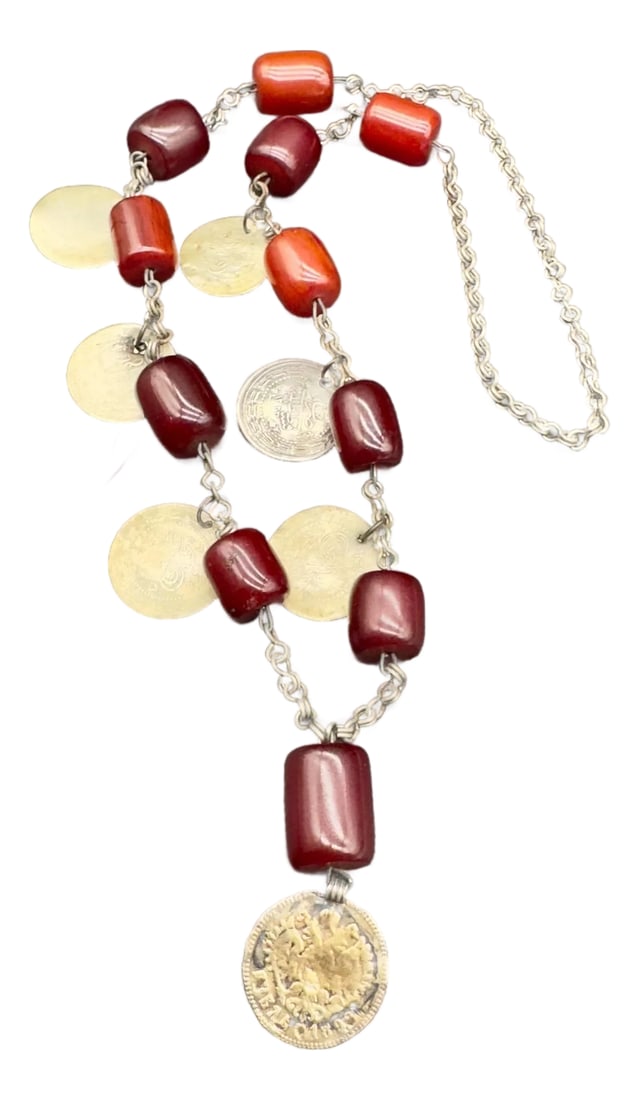 Antique Turkish Faturan Cherry Bakelite Coin Charm Necklace (1 of 16)