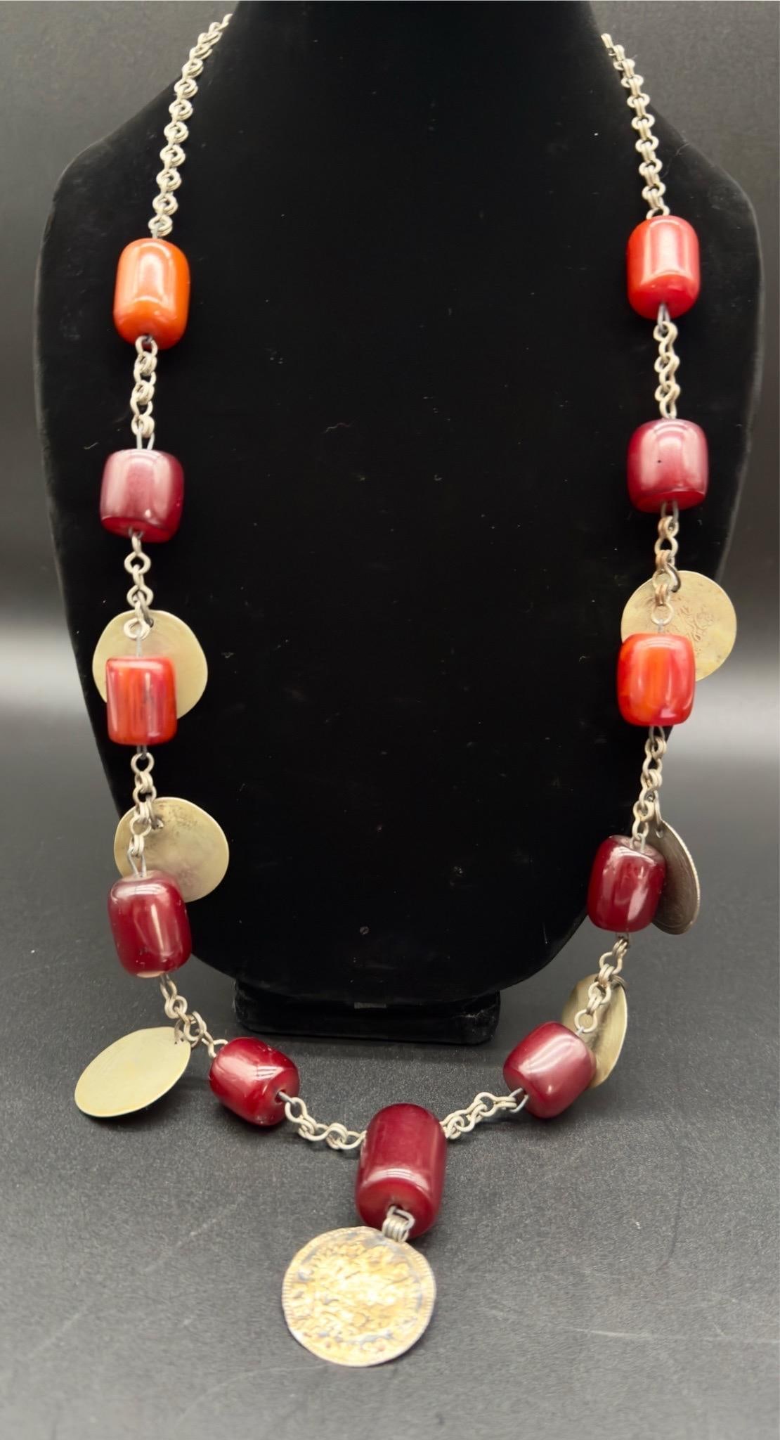 Antique Turkish Faturan Cherry Bakelite Coin Charm Necklace - 2