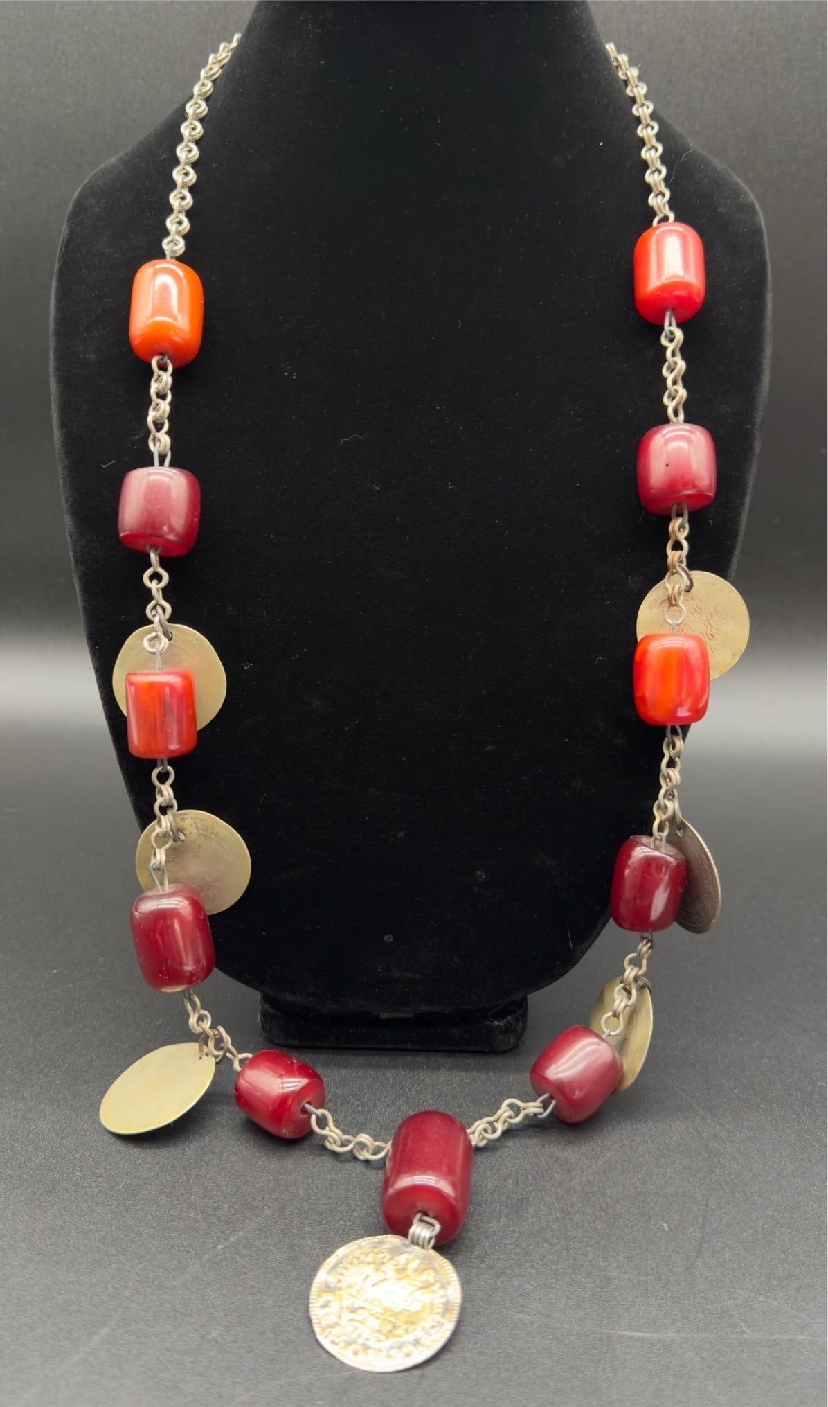 Antique Turkish Faturan Cherry Bakelite Coin Charm Necklace - 6