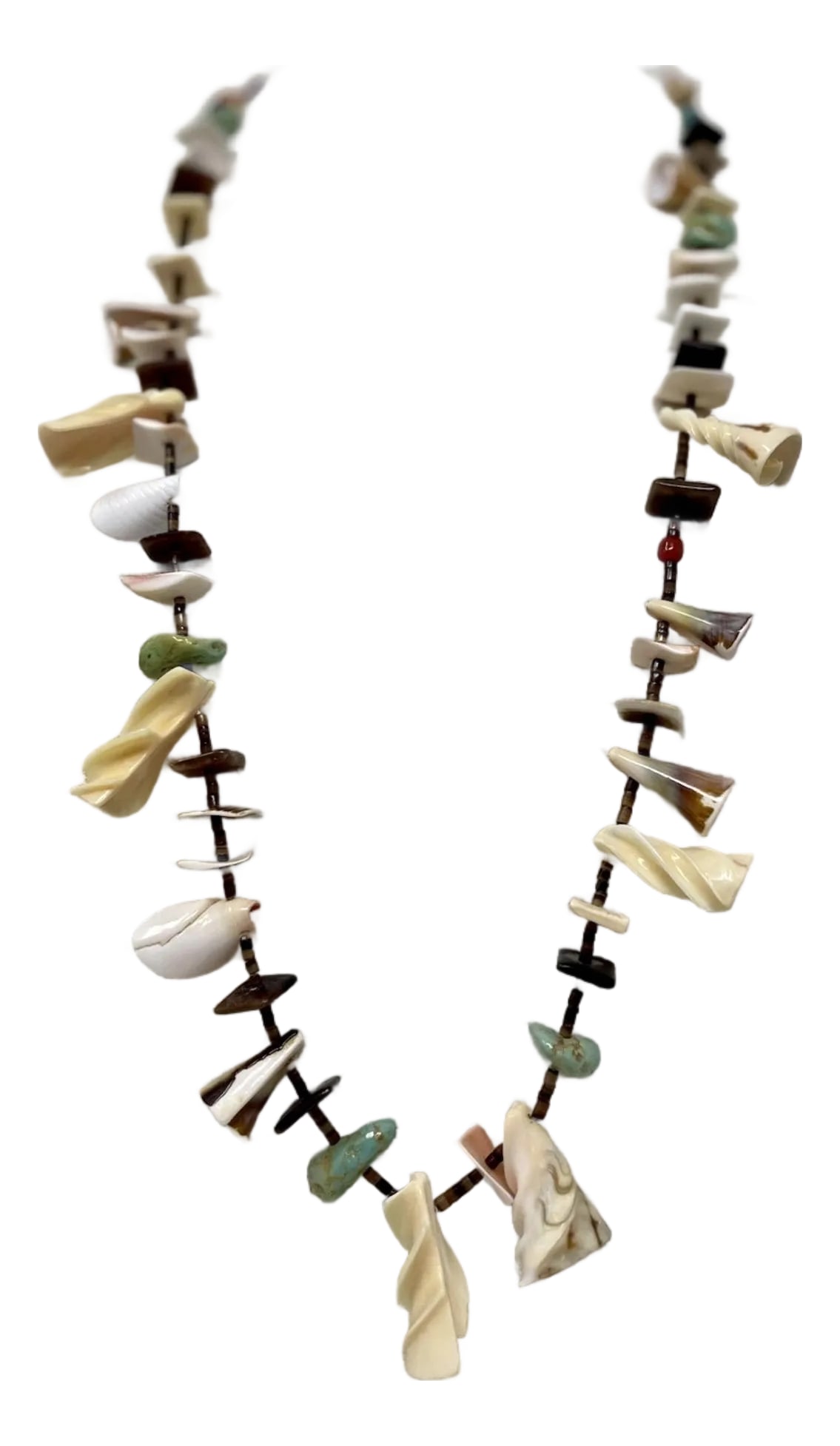 1980s Navajo Turquoise, Shell and Heishi Bead Necklace. Native American Necklace, Unisex: Vintage Native American statement necklace, unisex in design. Rare Find! Turquoise nuggets, Spiny Oyster Shell, Curly Shell, Heishi Bead Necklace. Polished cut Shell with Turquoise nuggets make this e
