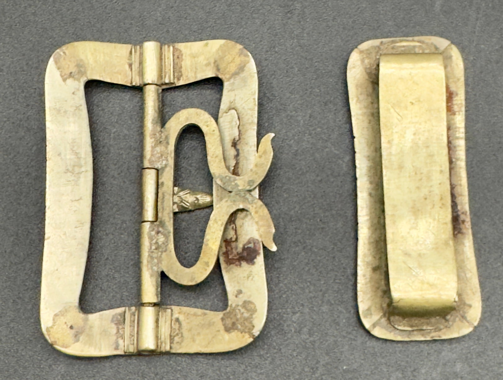 Antique Asian Brass Etched Belt Buckles, Full Set - 3