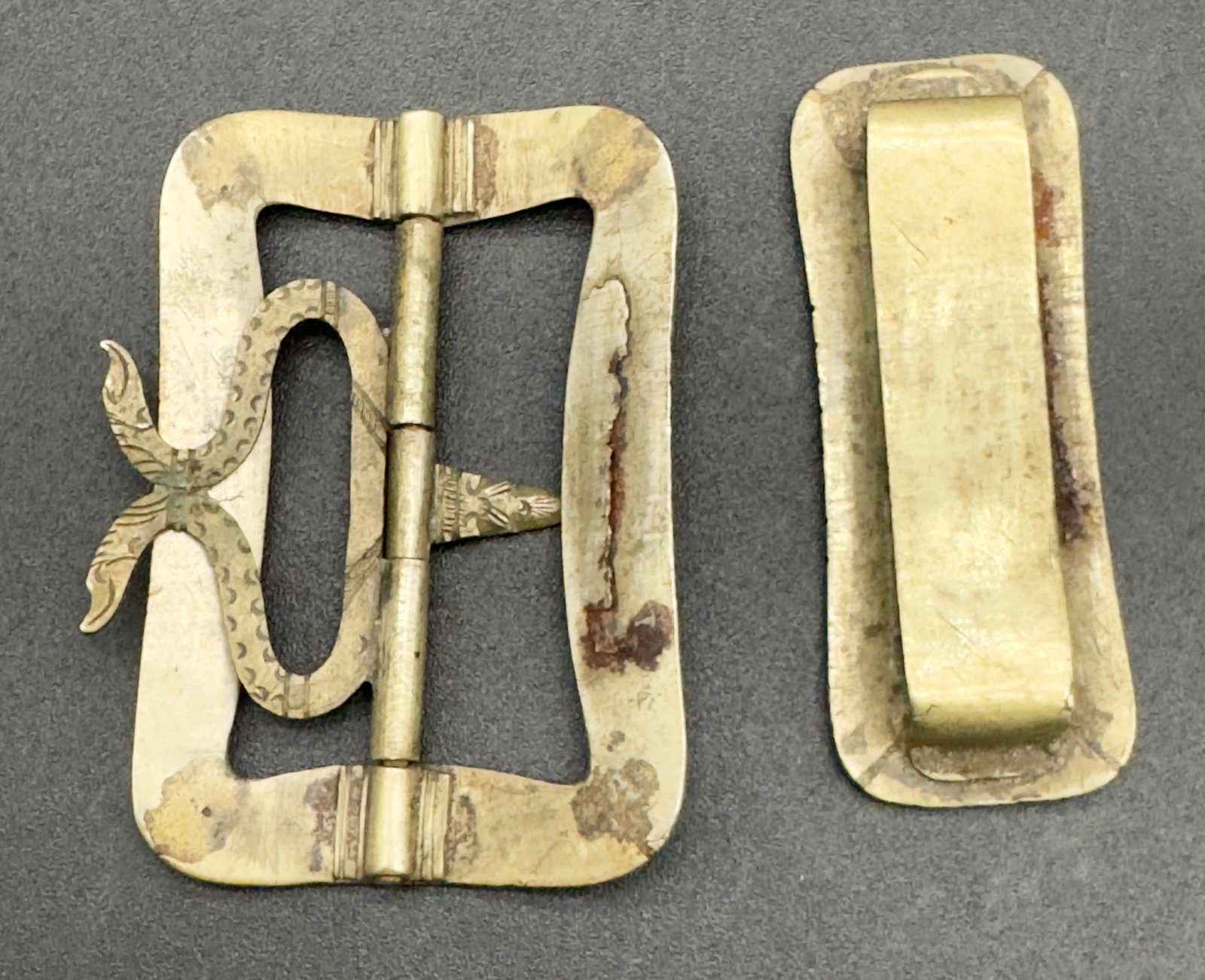 Antique Asian Brass Etched Belt Buckles, Full Set - 4