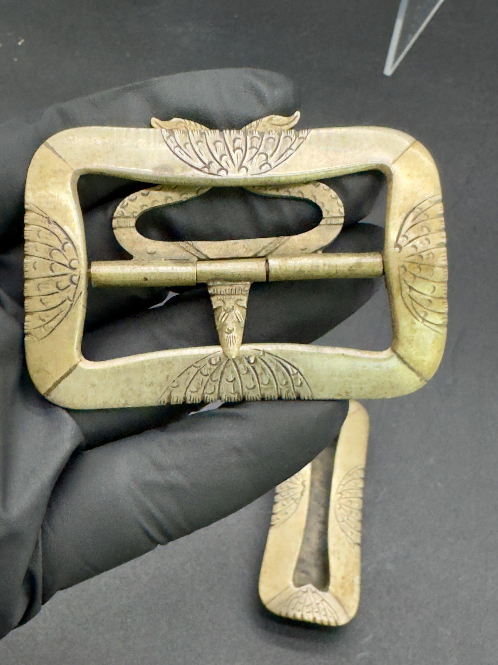 Antique Asian Brass Etched Belt Buckles, Full Set - 5