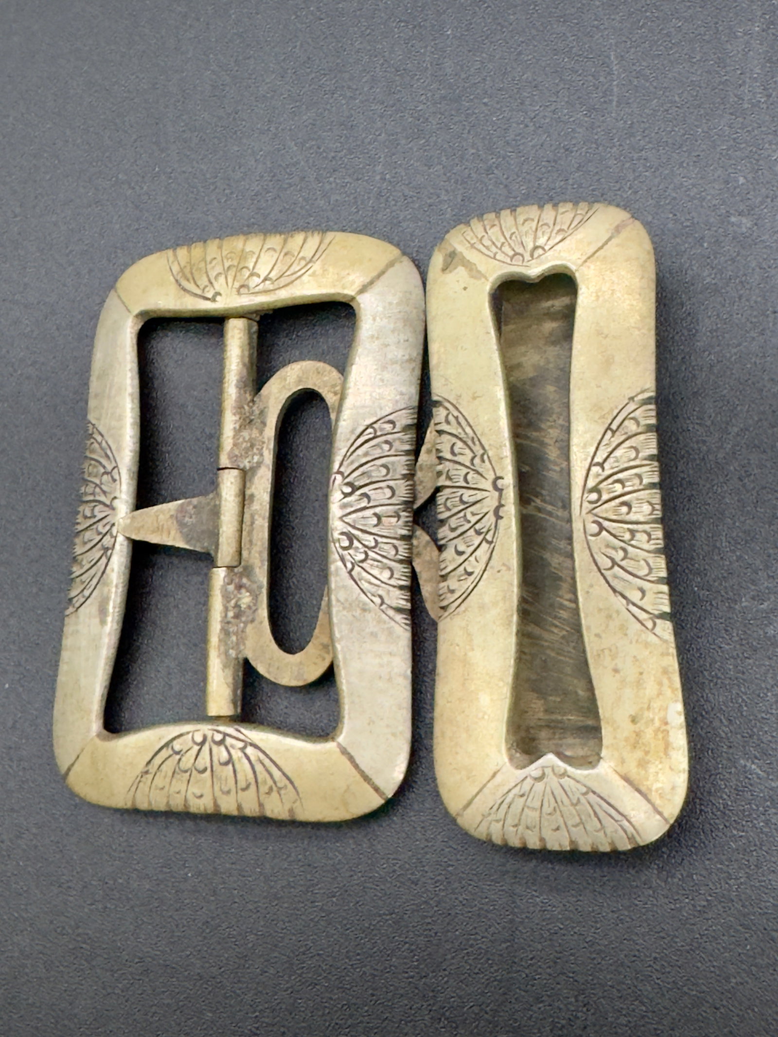 Antique Asian Brass Etched Belt Buckles, Full Set - 7