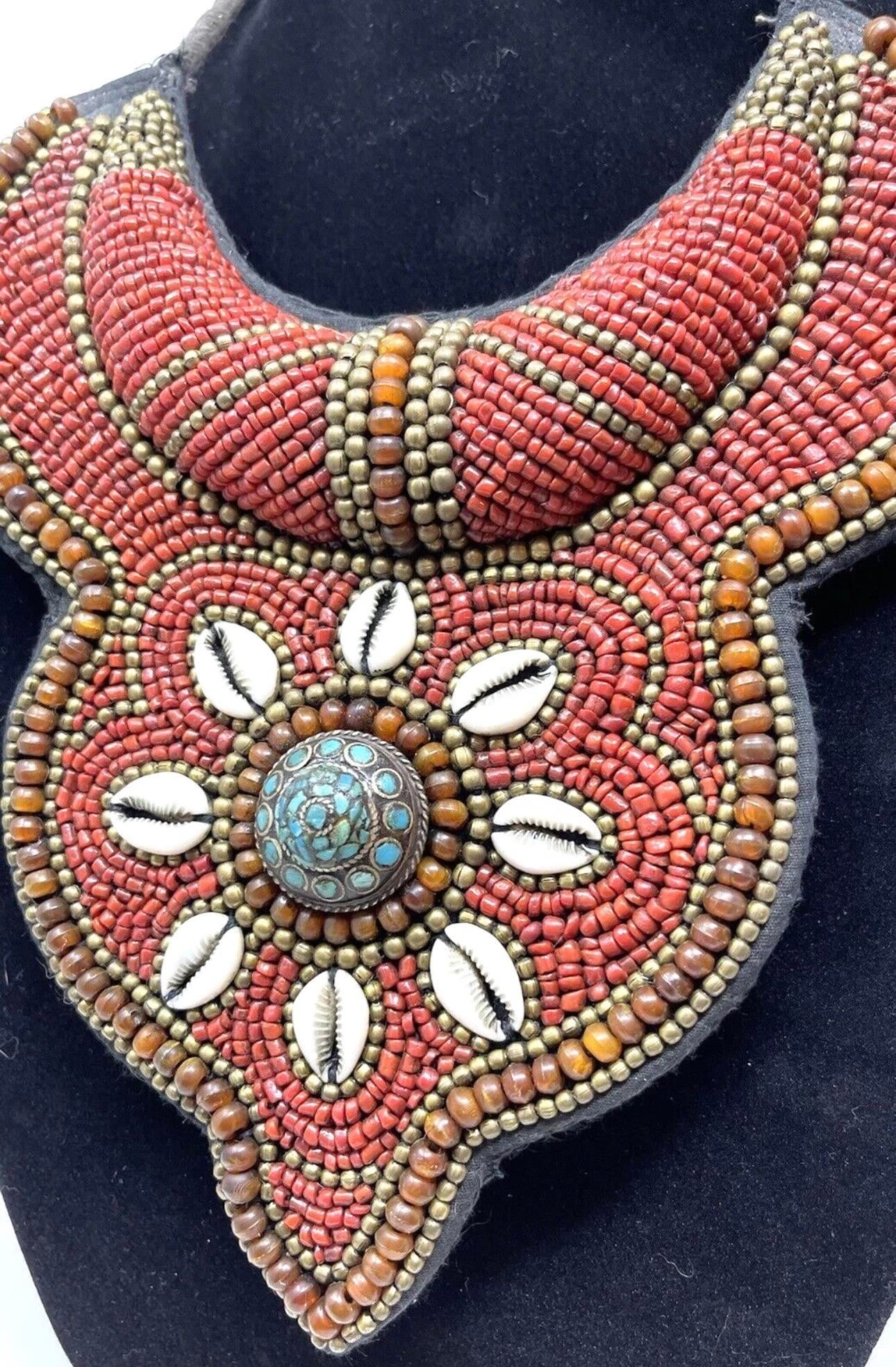 1970s Tibetan Beaded Bib Collar Necklace, Coral, Turquoise, Cowrie Shells - 11