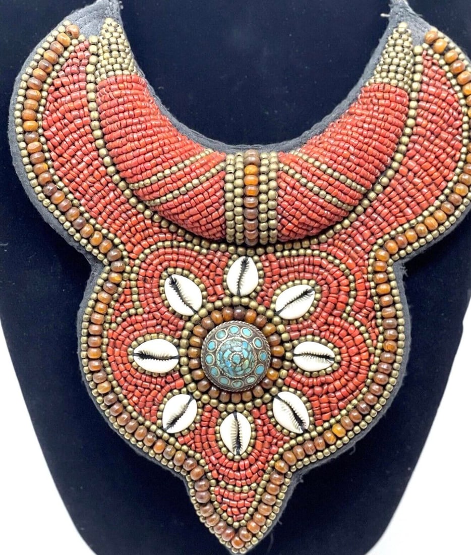 1970s Tibetan Beaded Bib Collar Necklace, Coral, Turquoise, Cowrie Shells - 4