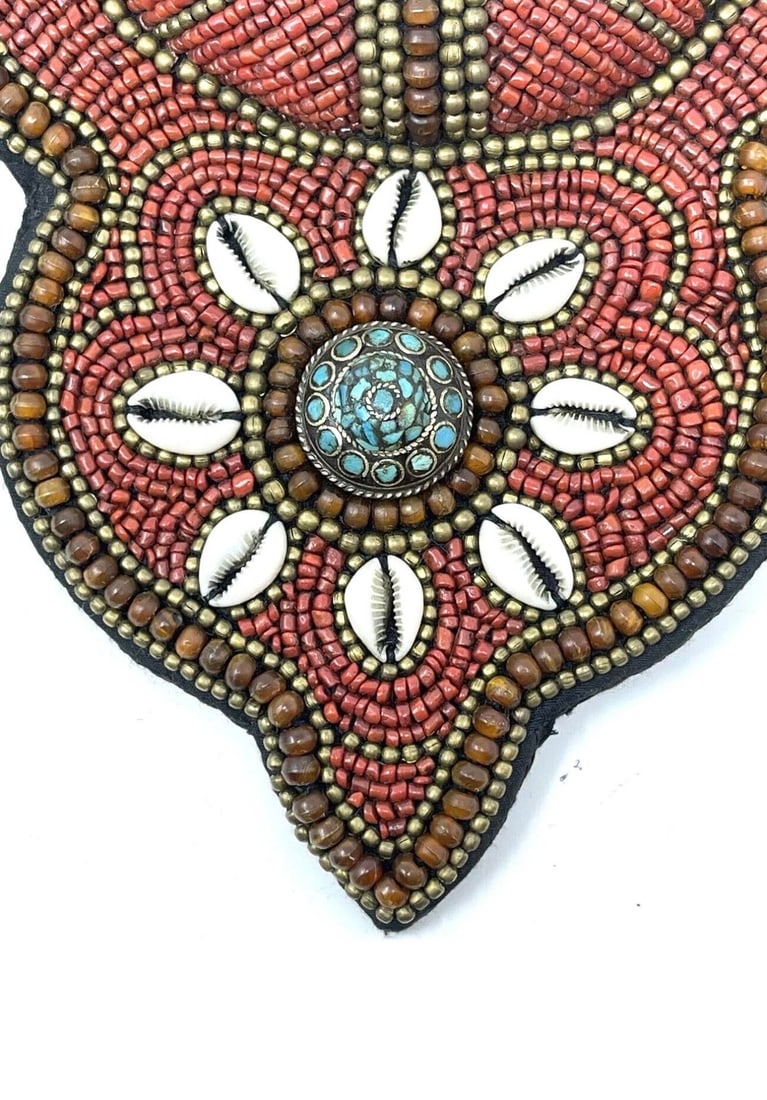 1970s Tibetan Beaded Bib Collar Necklace, Coral, Turquoise, Cowrie Shells - 6