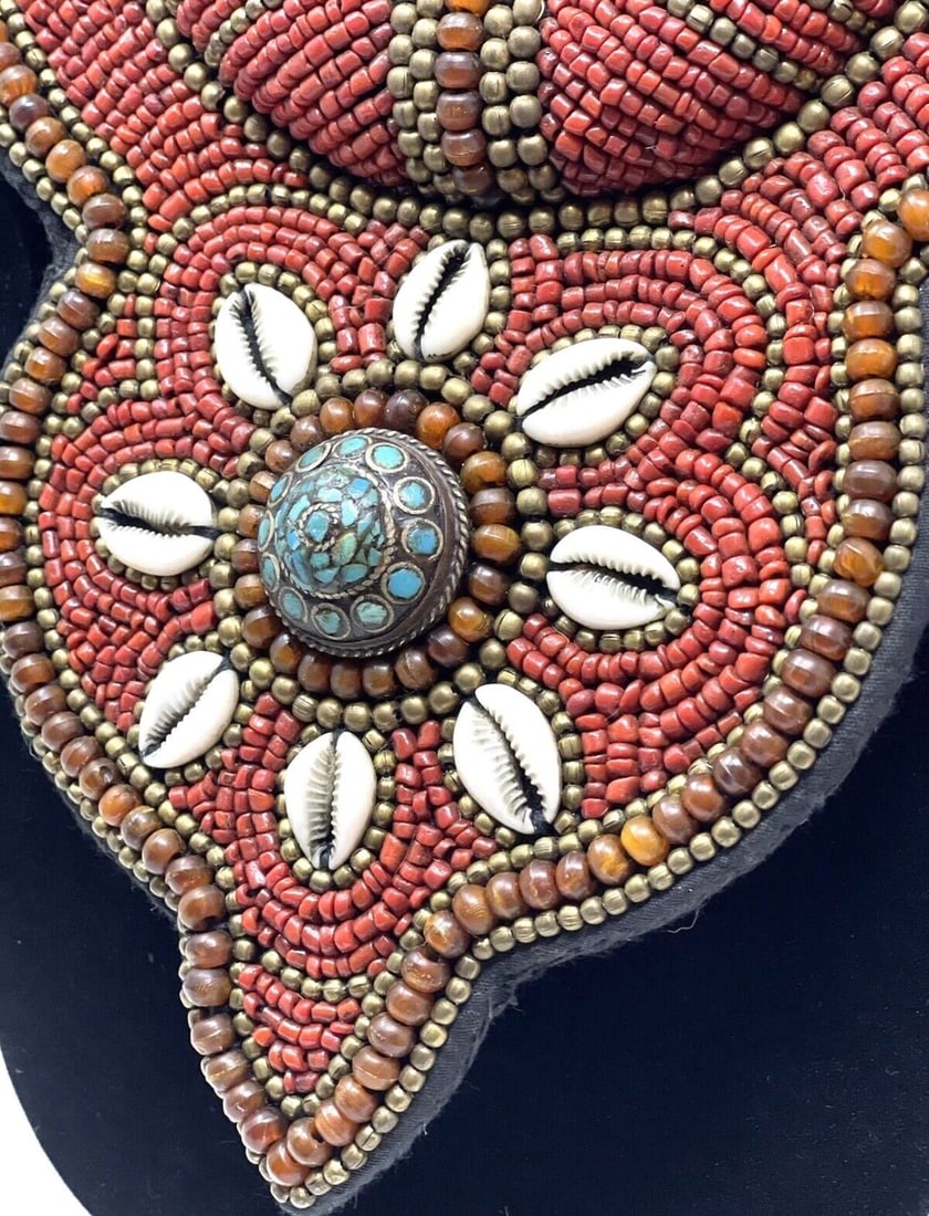 1970s Tibetan Beaded Bib Collar Necklace, Coral, Turquoise, Cowrie Shells - 7