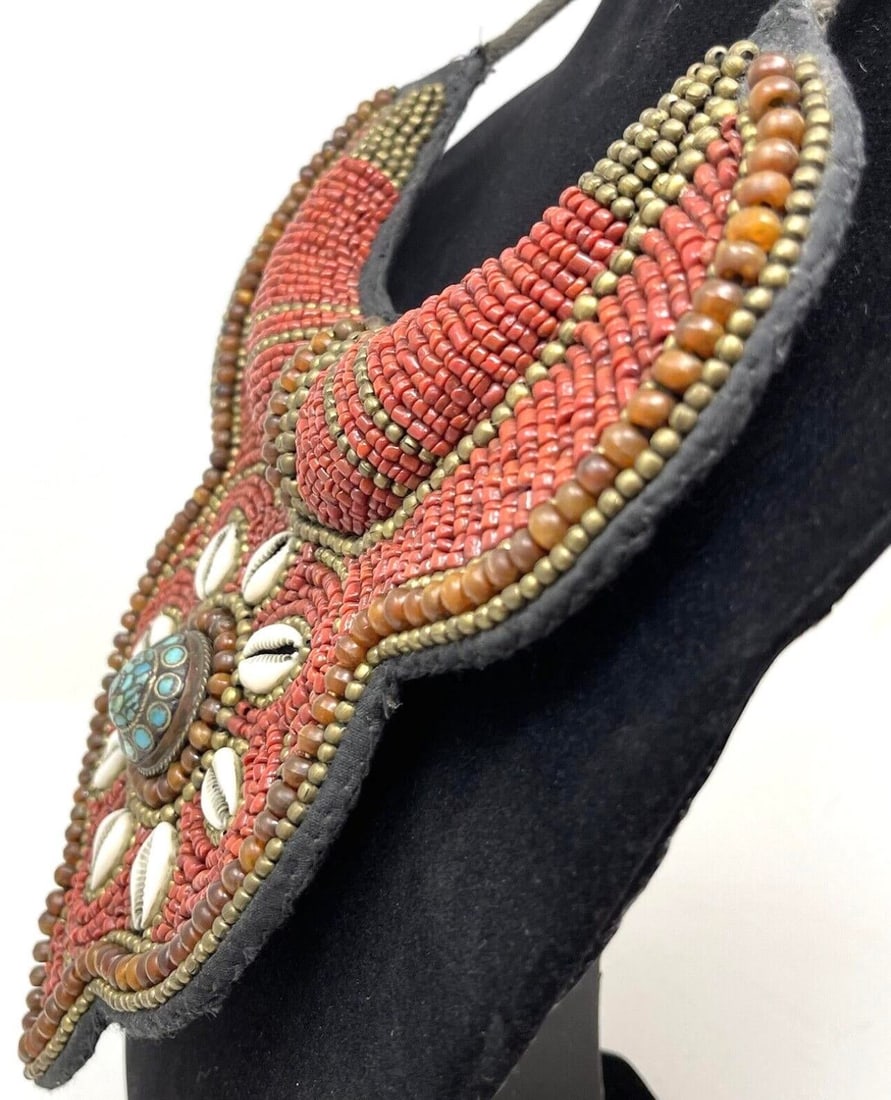 1970s Tibetan Beaded Bib Collar Necklace, Coral, Turquoise, Cowrie Shells - 8