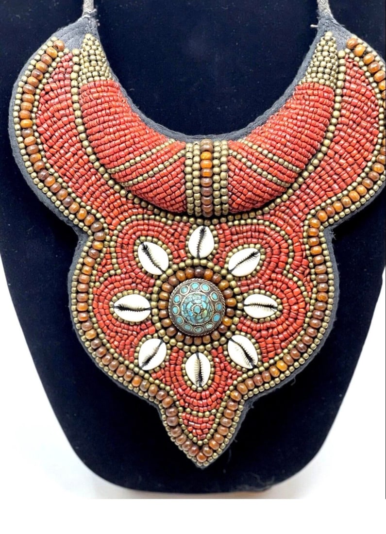 1970s Tibetan Beaded Bib Collar Necklace, Coral, Turquoise, Cowrie Shells - 9