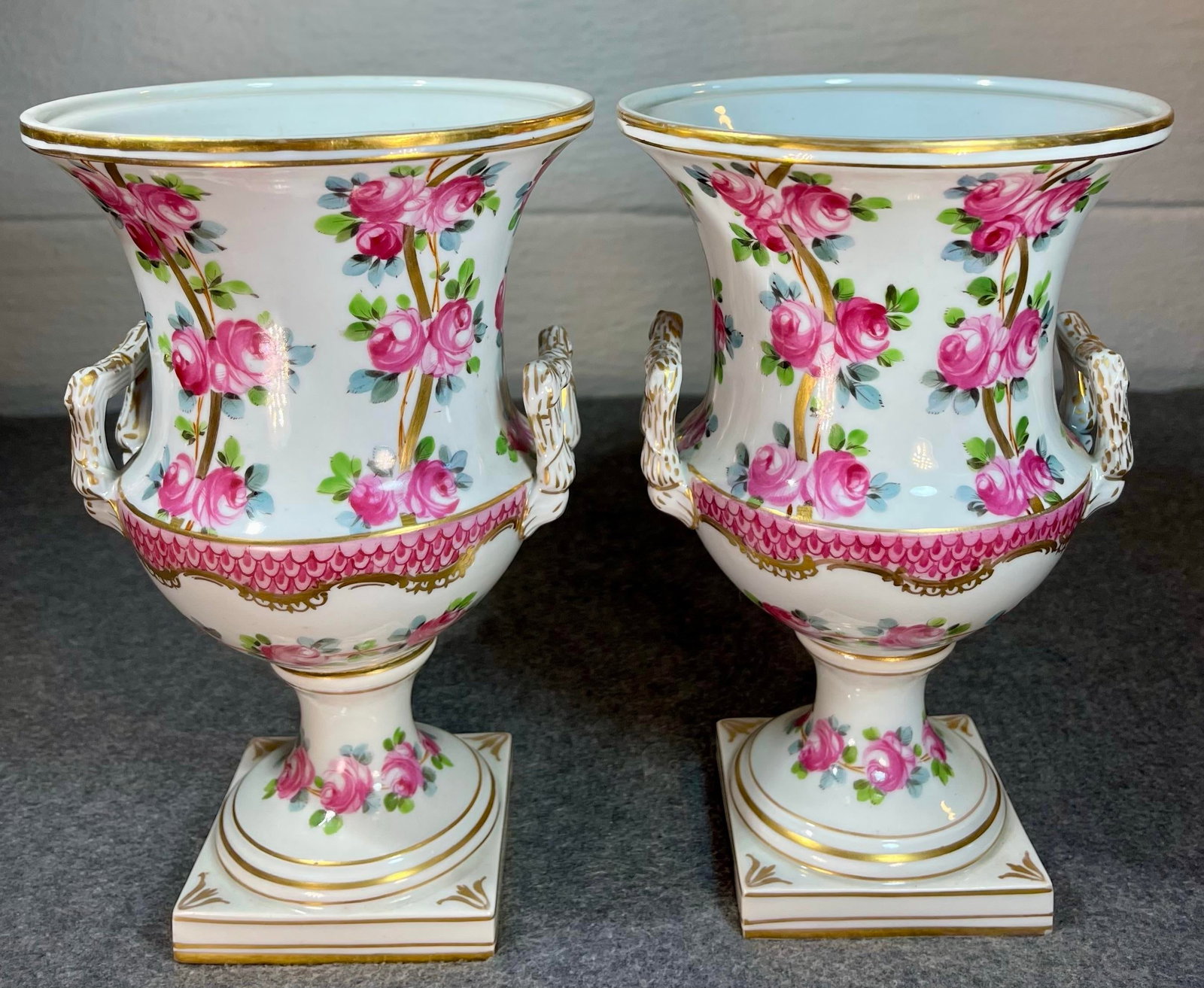 Antique Pair of Dresden Rose Porcelain Urns - 2