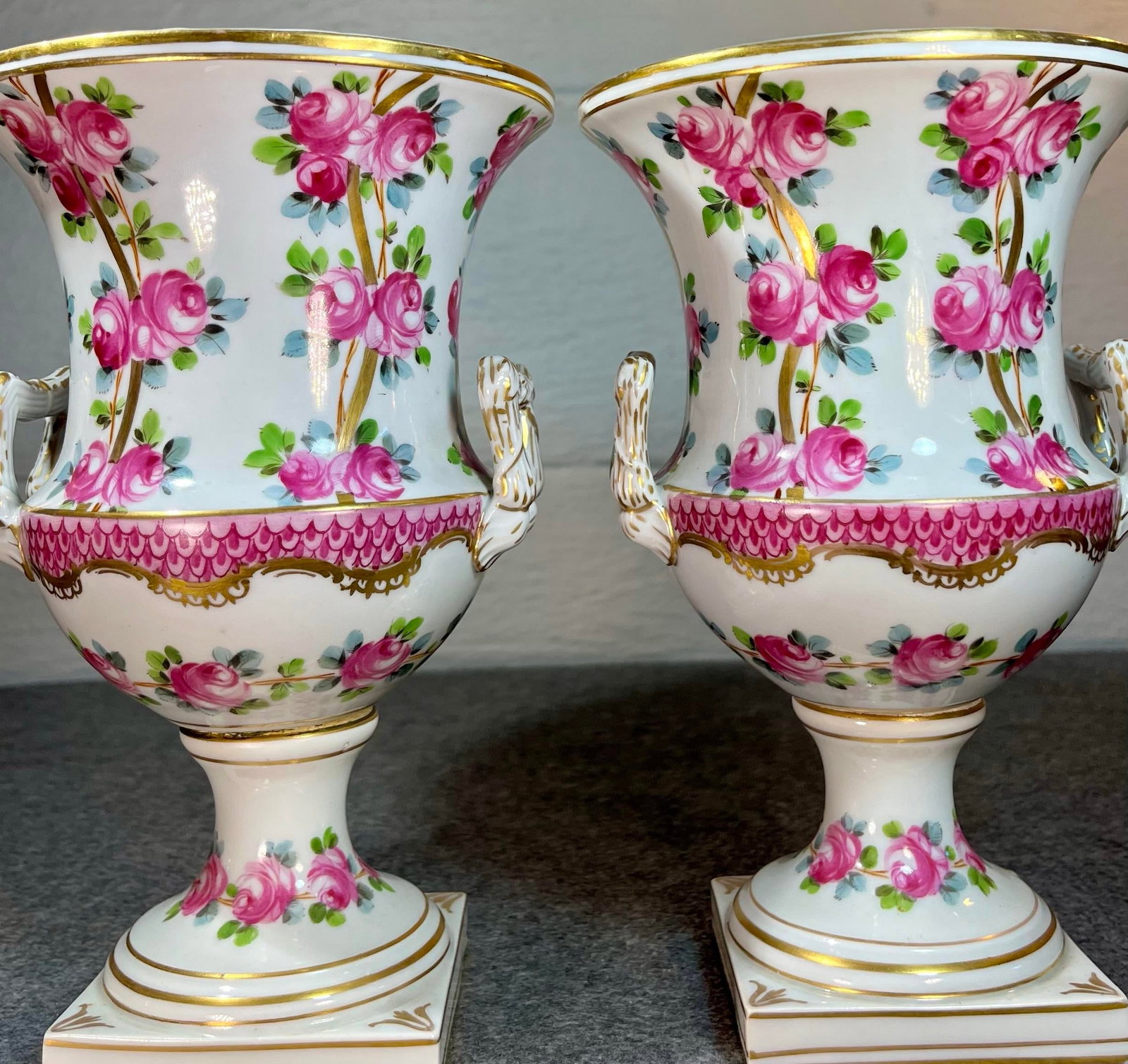Antique Pair of Dresden Rose Porcelain Urns - 3