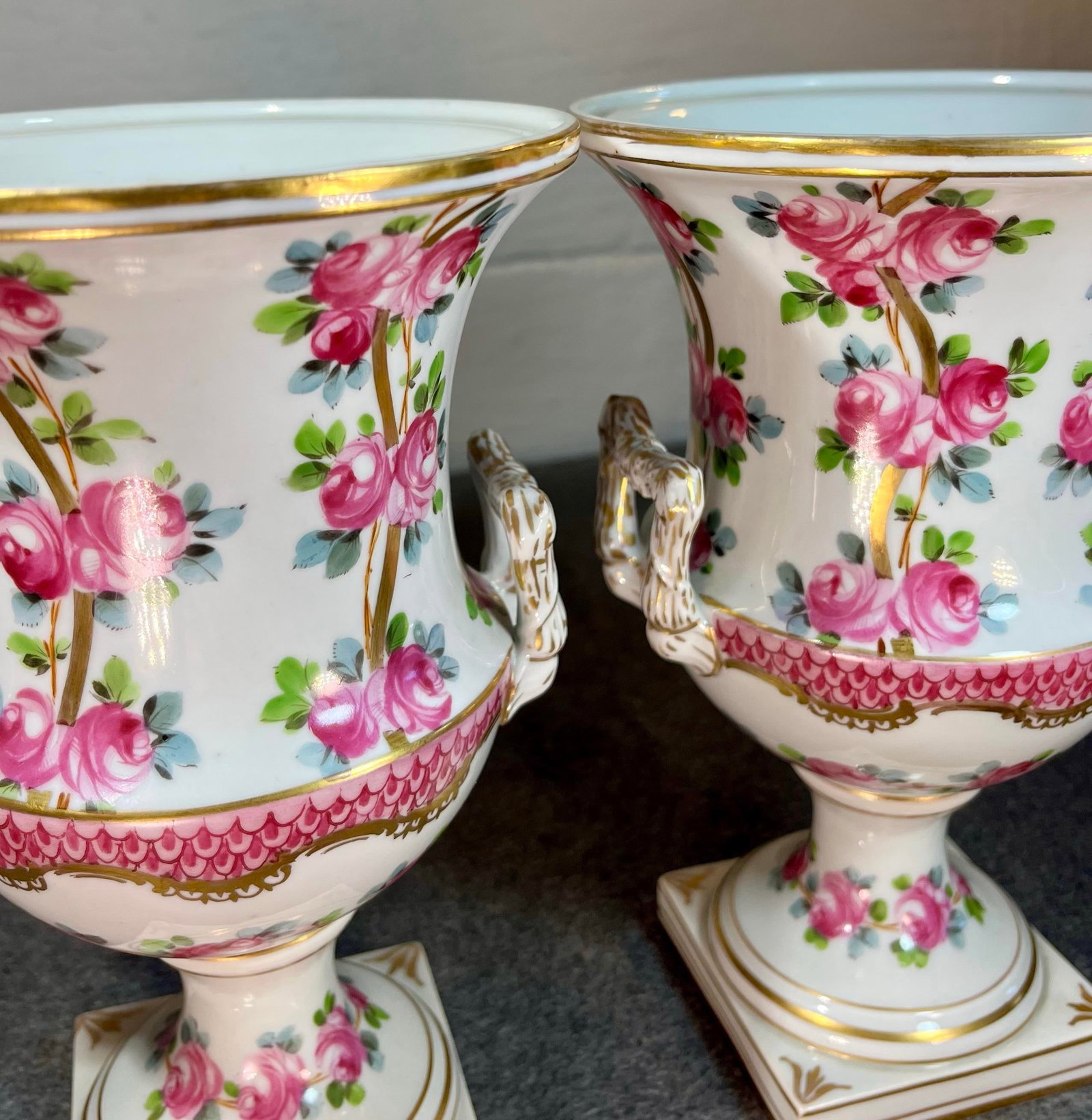 Antique Pair of Dresden Rose Porcelain Urns - 4