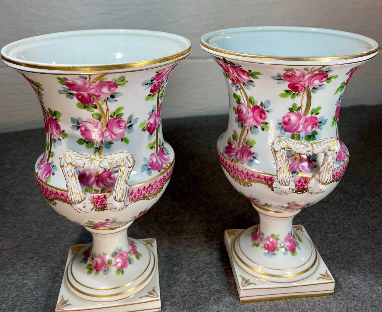 Antique Pair of Dresden Rose Porcelain Urns - 5