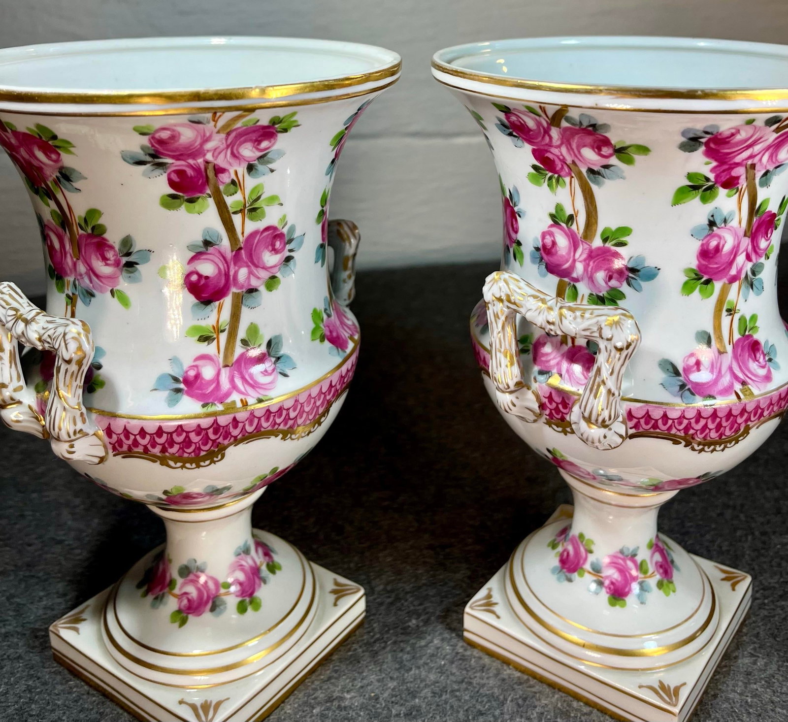 Antique Pair of Dresden Rose Porcelain Urns - 6