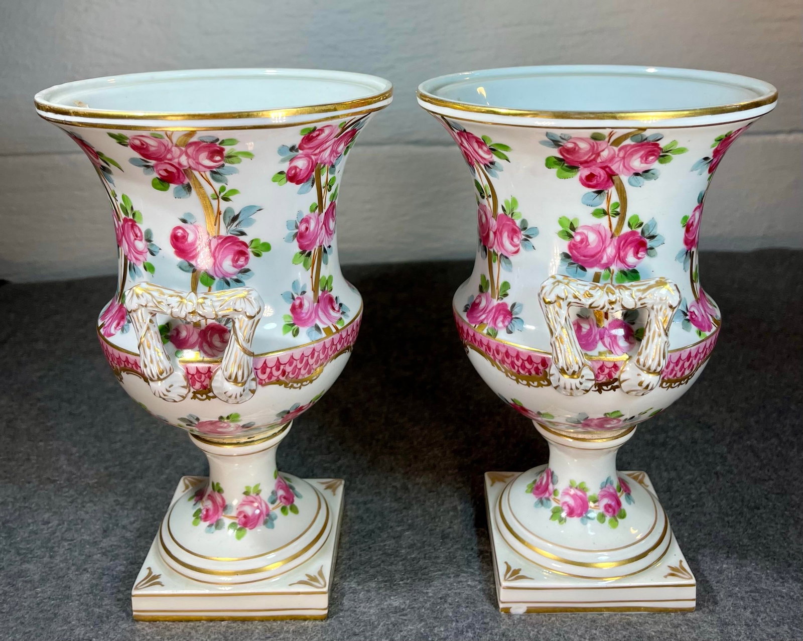 Antique Pair of Dresden Rose Porcelain Urns - 7