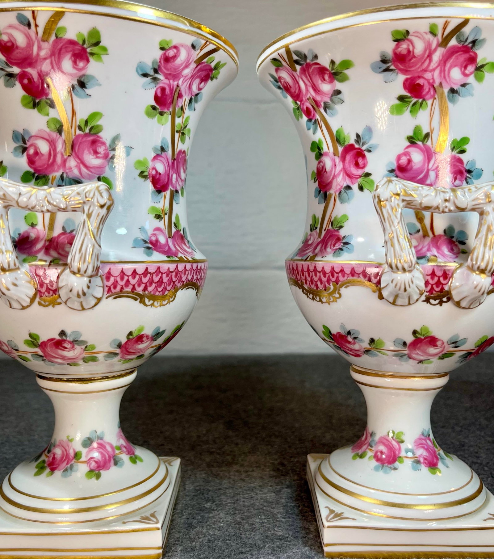 Antique Pair of Dresden Rose Porcelain Urns - 8