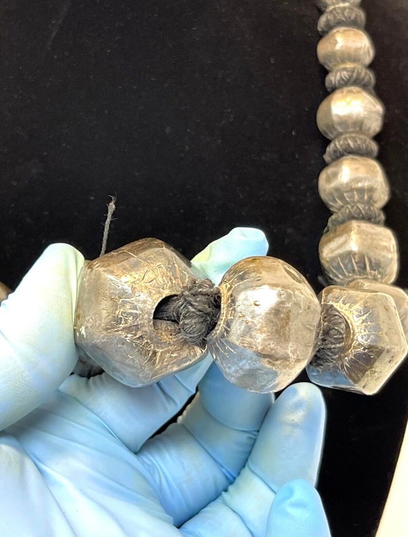 Antique Indian Sterling Silver Wrapped Wax Bead Necklace. Indian Tribal Jewelry - 10