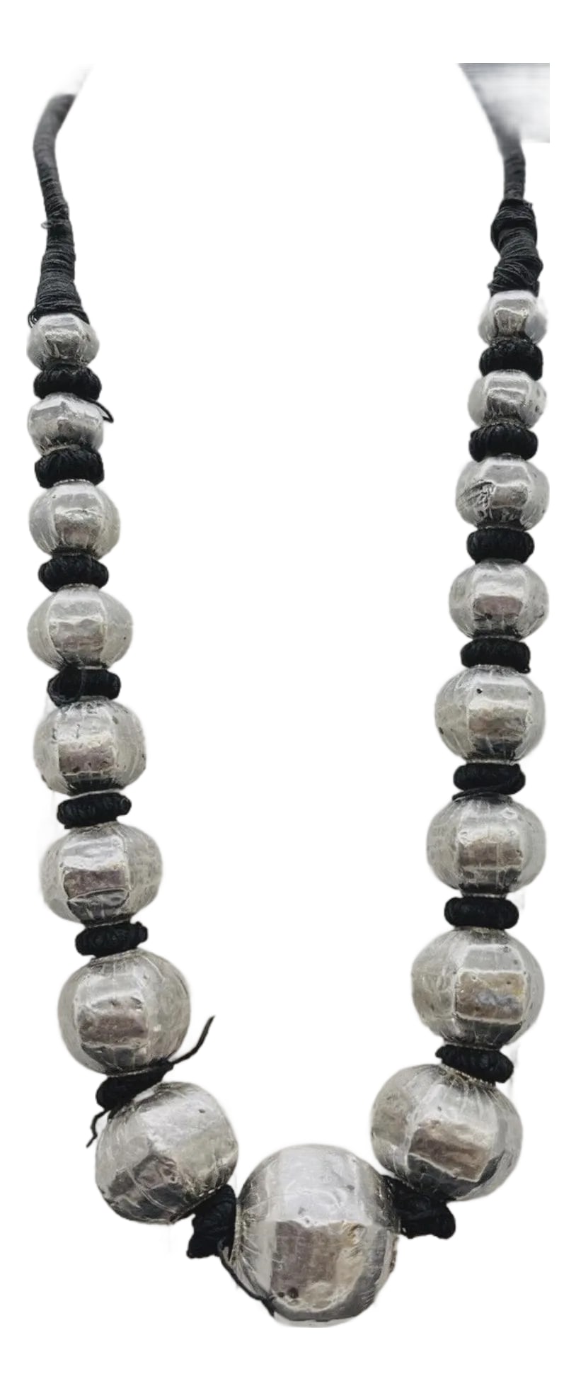 Antique Indian Sterling Silver Wrapped Wax Bead Necklace. Indian Tribal Jewelry: Beautiful vintage Indian sterling-over-wax graduated beaded necklace. These beads, often called "dholki" beads ( drum shaped ) or "borimala" in India, are a traditional style of tribal or ethnic