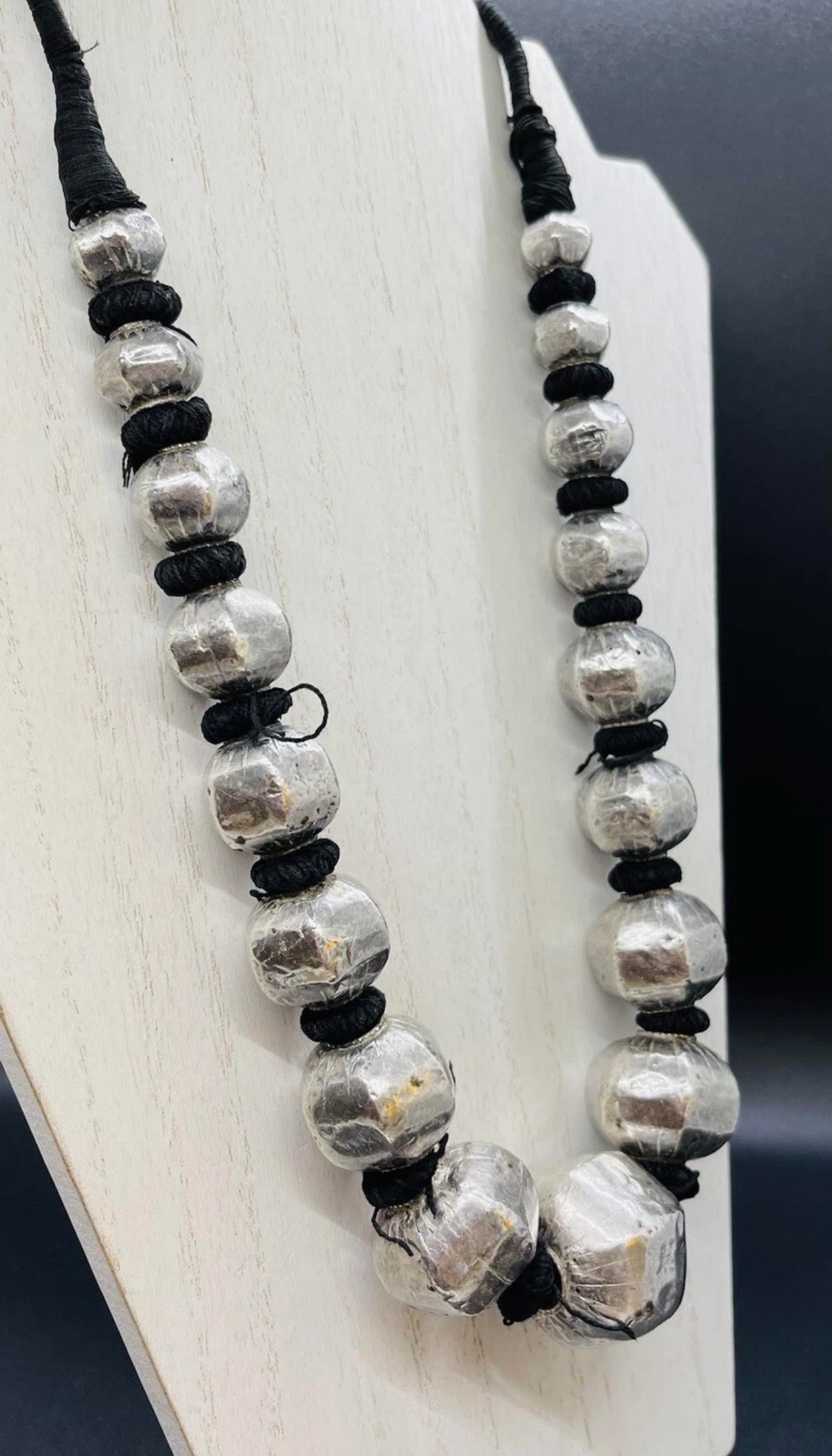 Antique Indian Sterling Silver Wrapped Wax Bead Necklace. Indian Tribal Jewelry - 2