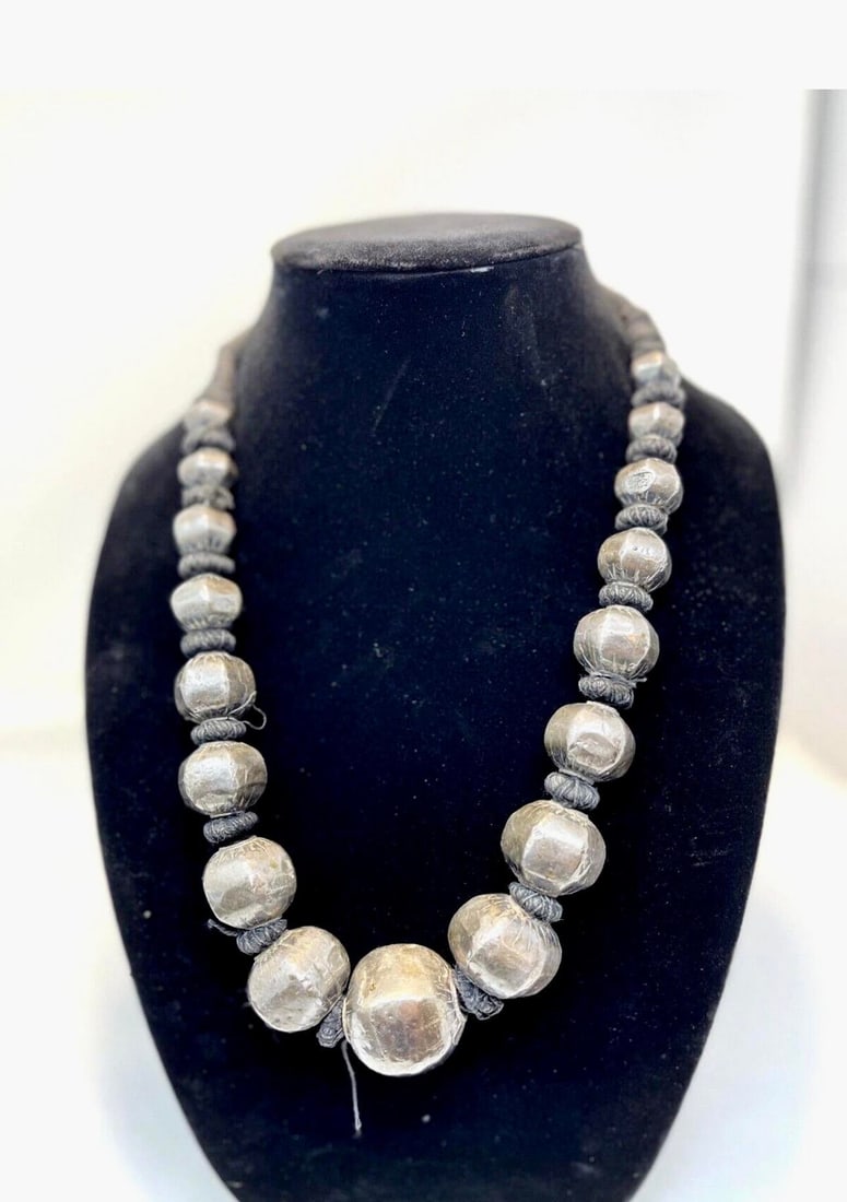 Antique Indian Sterling Silver Wrapped Wax Bead Necklace. Indian Tribal Jewelry - 3