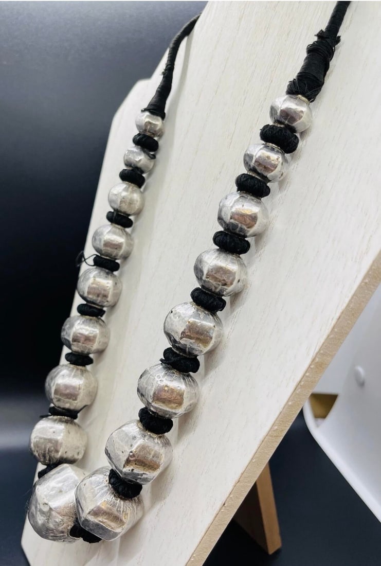 Antique Indian Sterling Silver Wrapped Wax Bead Necklace. Indian Tribal Jewelry - 4