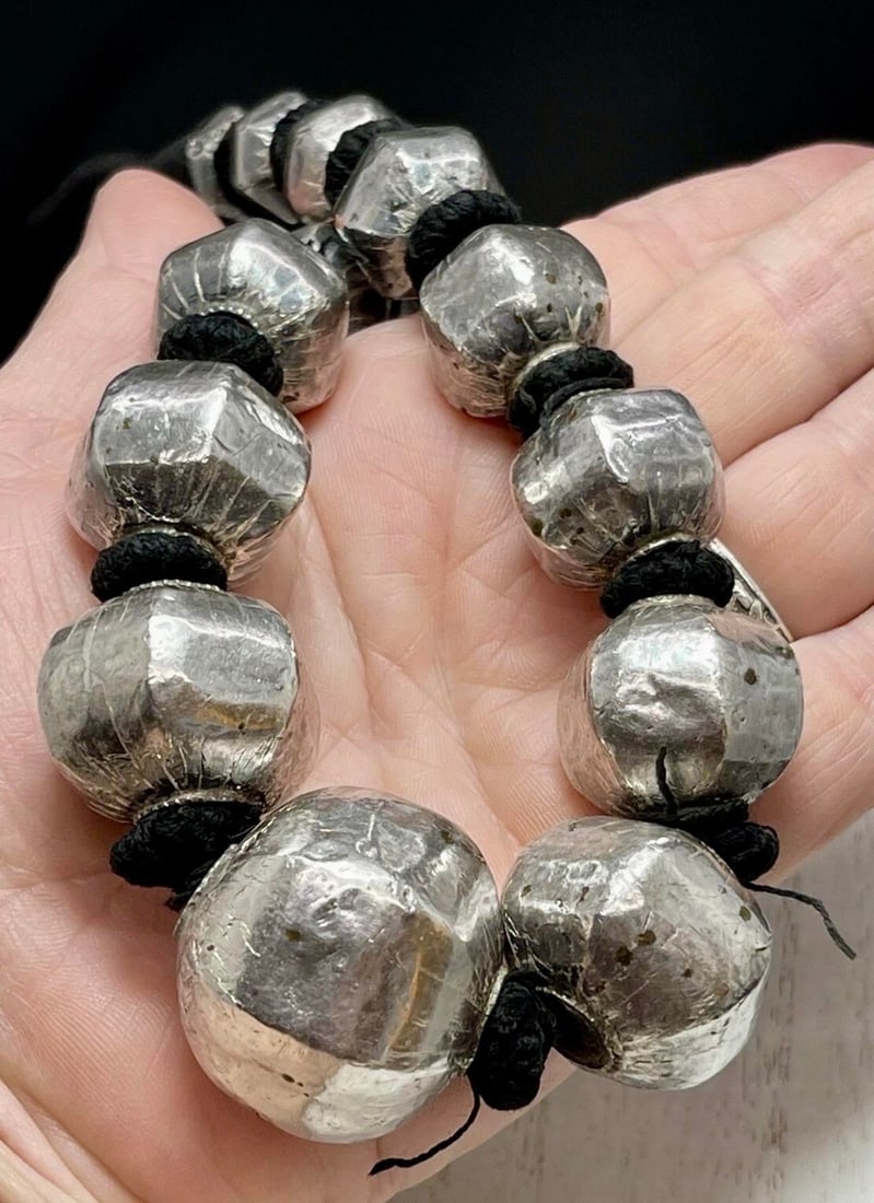 Antique Indian Sterling Silver Wrapped Wax Bead Necklace. Indian Tribal Jewelry - 6
