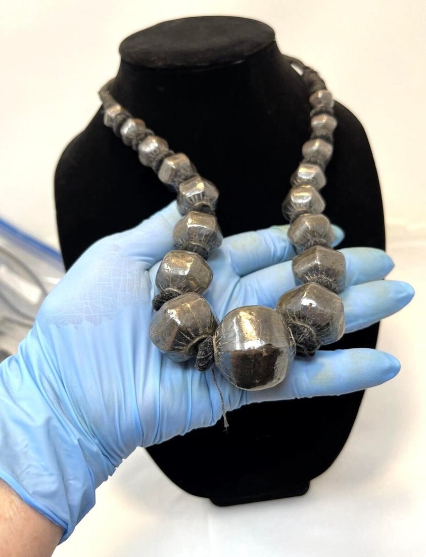 Antique Indian Sterling Silver Wrapped Wax Bead Necklace. Indian Tribal Jewelry - 9
